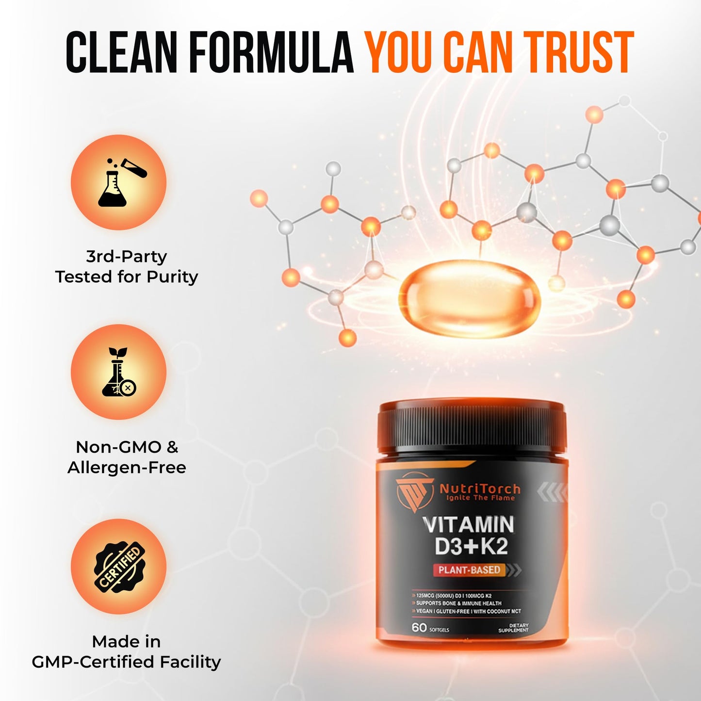 NutriTorch Vitamin D3 + K2 Plant-Based Supplement 60 Softgels