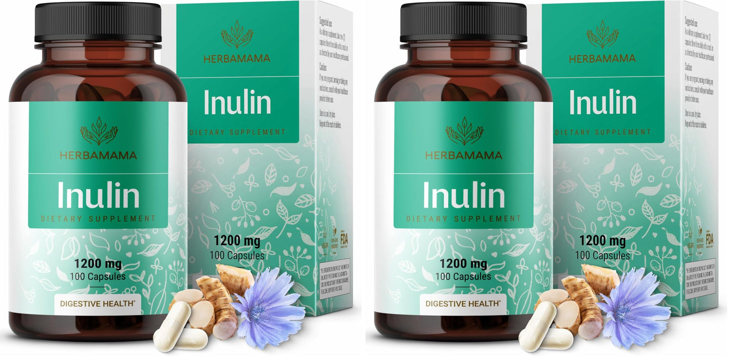 HERBAMAMA Inulin Powder Capsules 1200mg - Digestive Support & Gut Cleanse with Inulin Prebiotic Fiber - Vegan, Non-GMO Chicory Root Powder Supplement, 200 Capsules