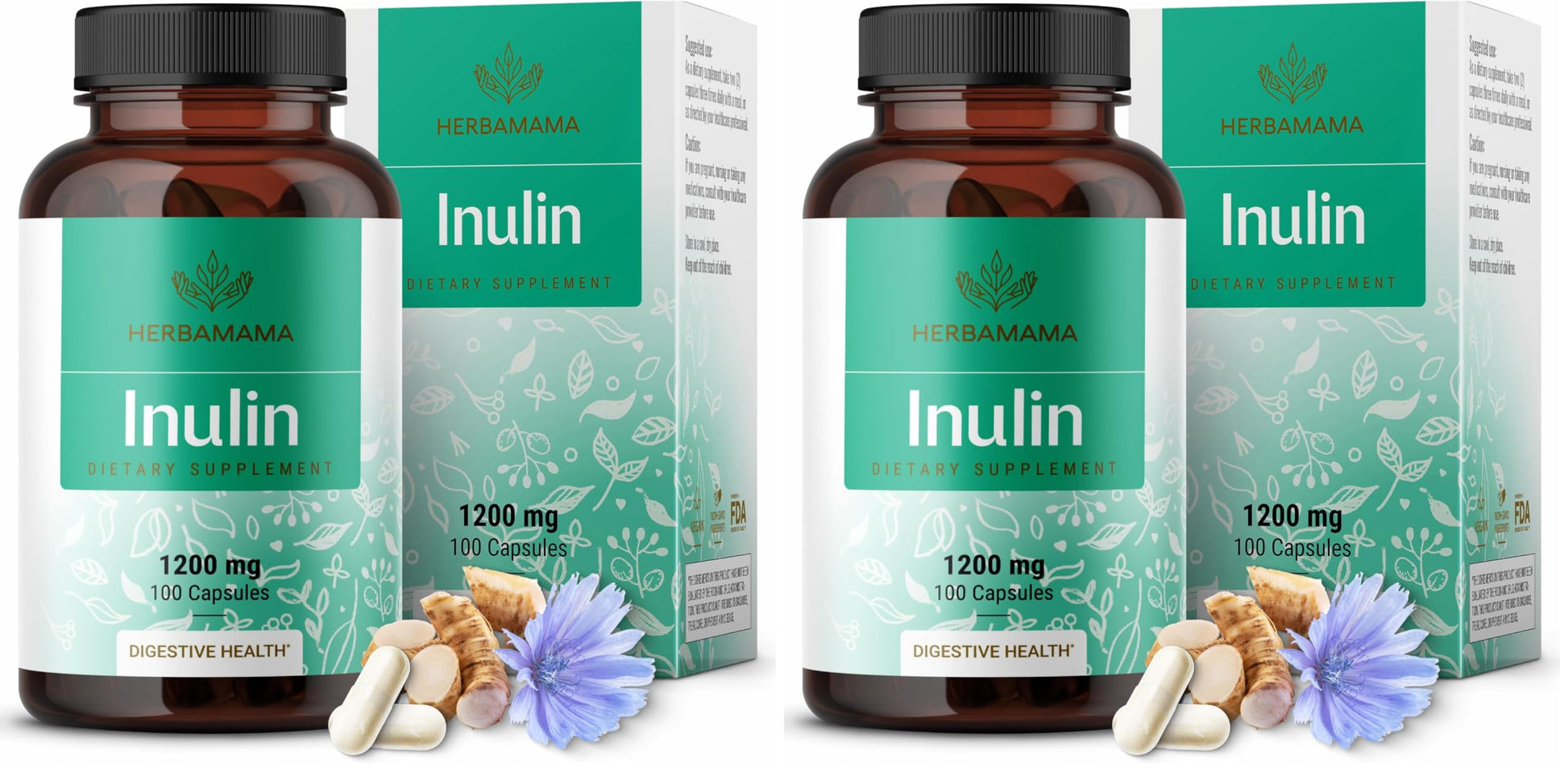 HERBAMAMA Inulin Powder Capsules 1200mg - Digestive Support & Gut Cleanse with Inulin Prebiotic Fiber - Vegan, Non-GMO Chicory Root Powder Supplement, 200 Capsules