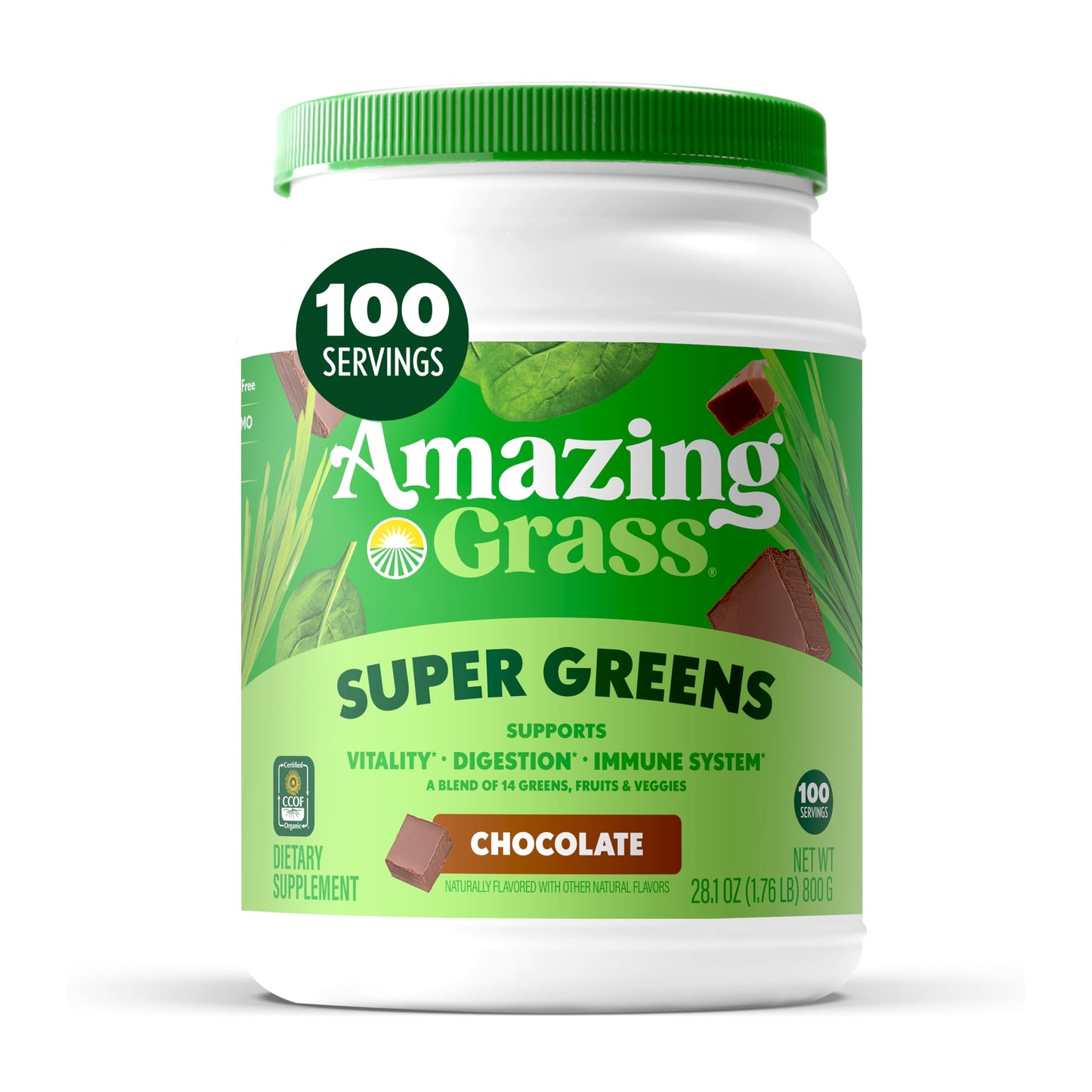 Amazing Grass Greens Blend Superfood: Super Greens Powder Smoothie Mix with Organic Spirulina, Beet Root Powder, Chlorella, Prebiotics & Probiotics, Chocolate, 28.1 oz