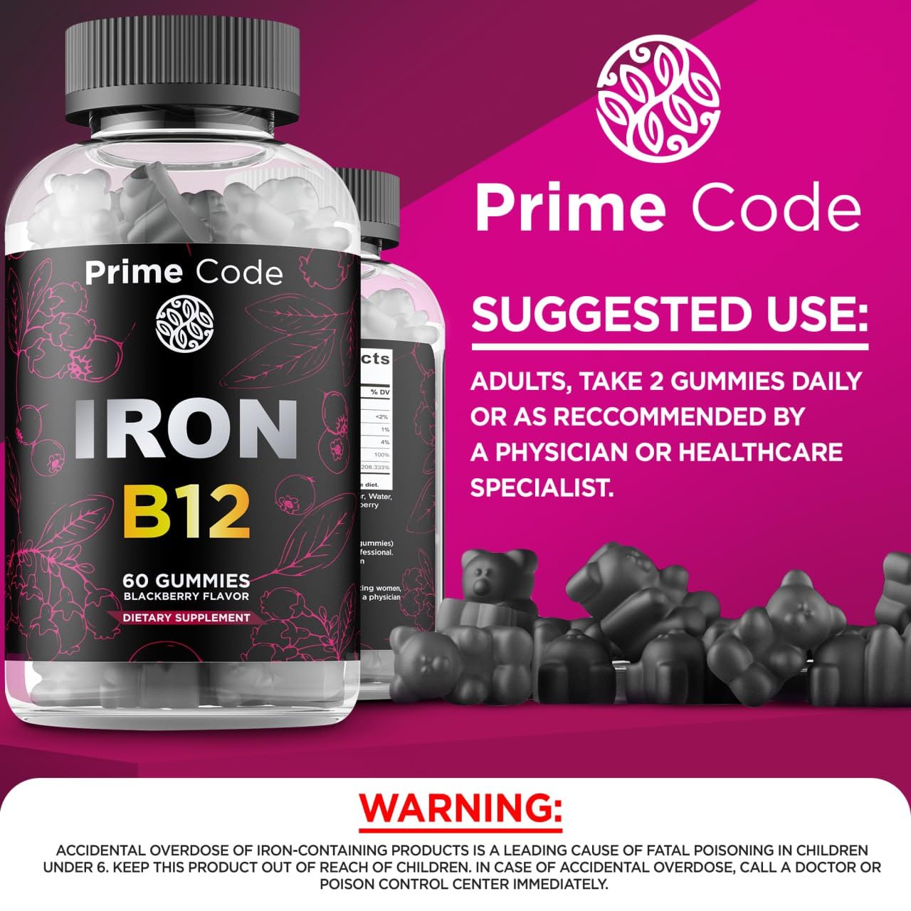 Prime Code Vitamin B12 Gummies with Iron Gummy, 60 Count