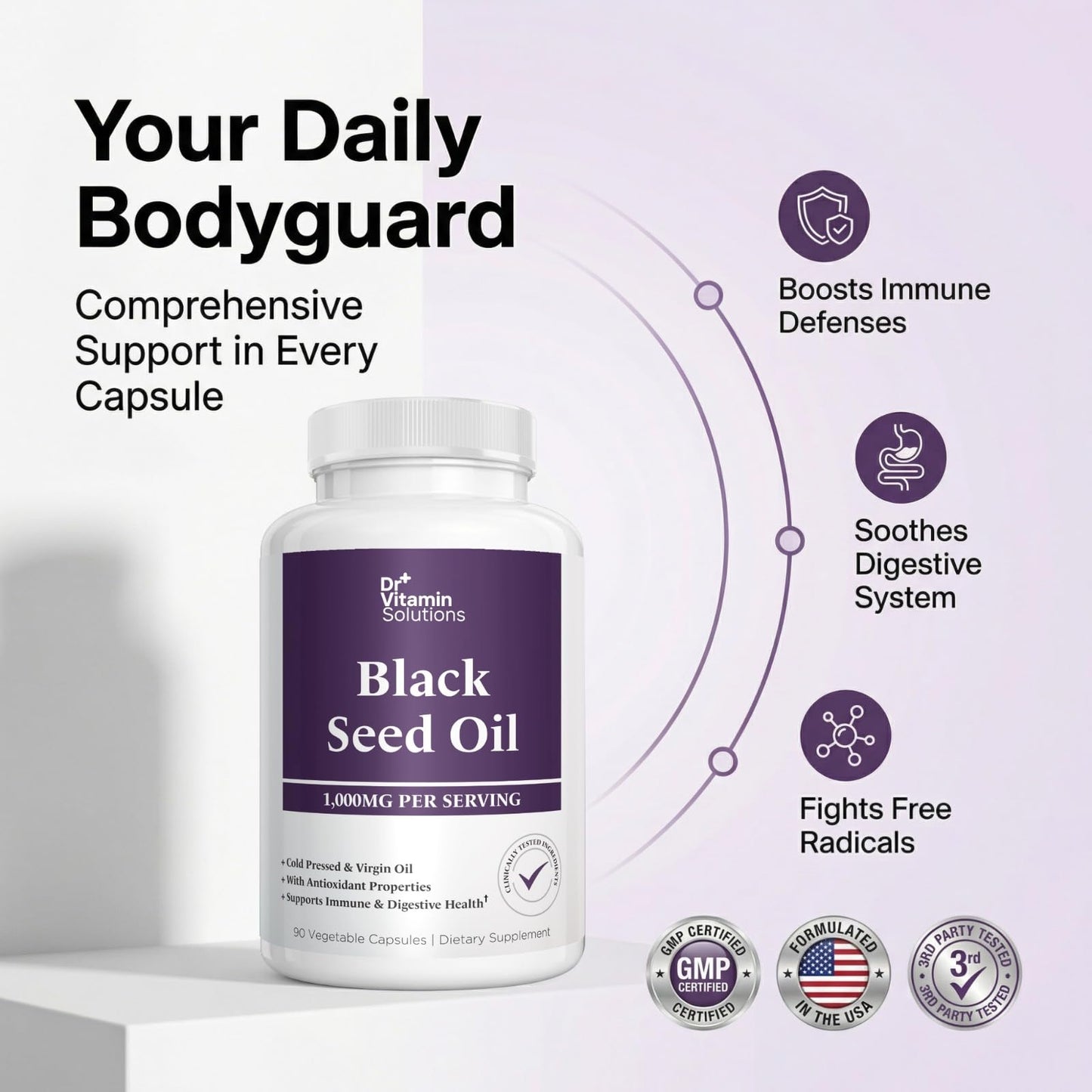 DR VITAMIN SOLUTIONS Black Seed Oil Capsules 1000mg – Cold Pressed Black Cumin Seed Oil (Nigella Sativa) with Thymoquinone – Antioxidant, Immune, Hair & Skin Support – Non-GMO, Vegan – 90 Capsules