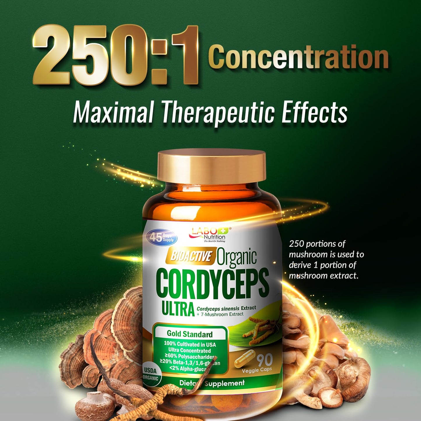 LABO Nutrition Bioactive Organic Cordyceps Ultra – 8 Mushroom Extract Supplement Capsules 90 Count