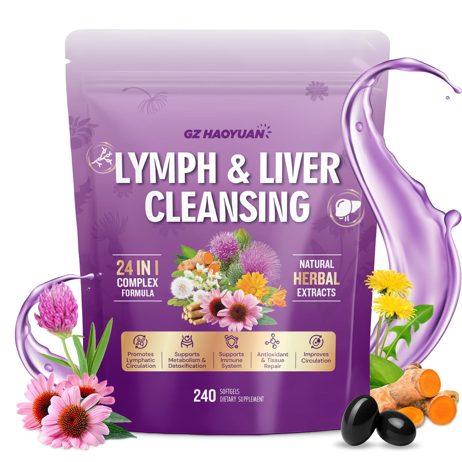 GZ HAOYUAN Lymphatic Drainage Supplement, Liver Cleanse Detox & Repair, 24-in-1 Herbal Blend with Echinacea, Dandelion, Burdock, Bromelain, Calendula, Turmeric - Lymph System Support, Less Bloating Softgel, 240