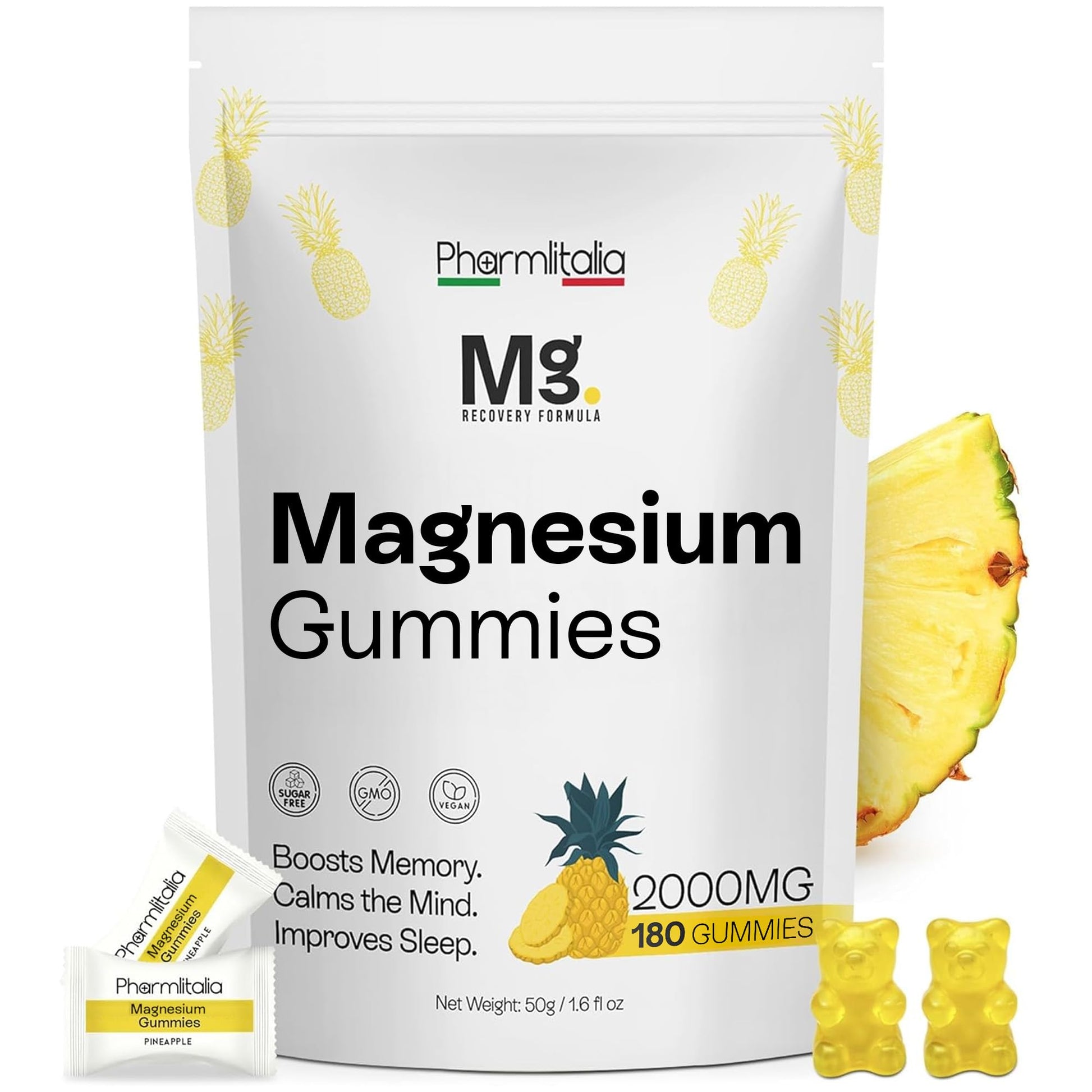 Pharmlitalia Magnesium Supplement 2000mg for Better Sleep - Supplements for Memory and Focus - High Absorption Muscle and Brain Support - Stress Relief Gummy 180 Count