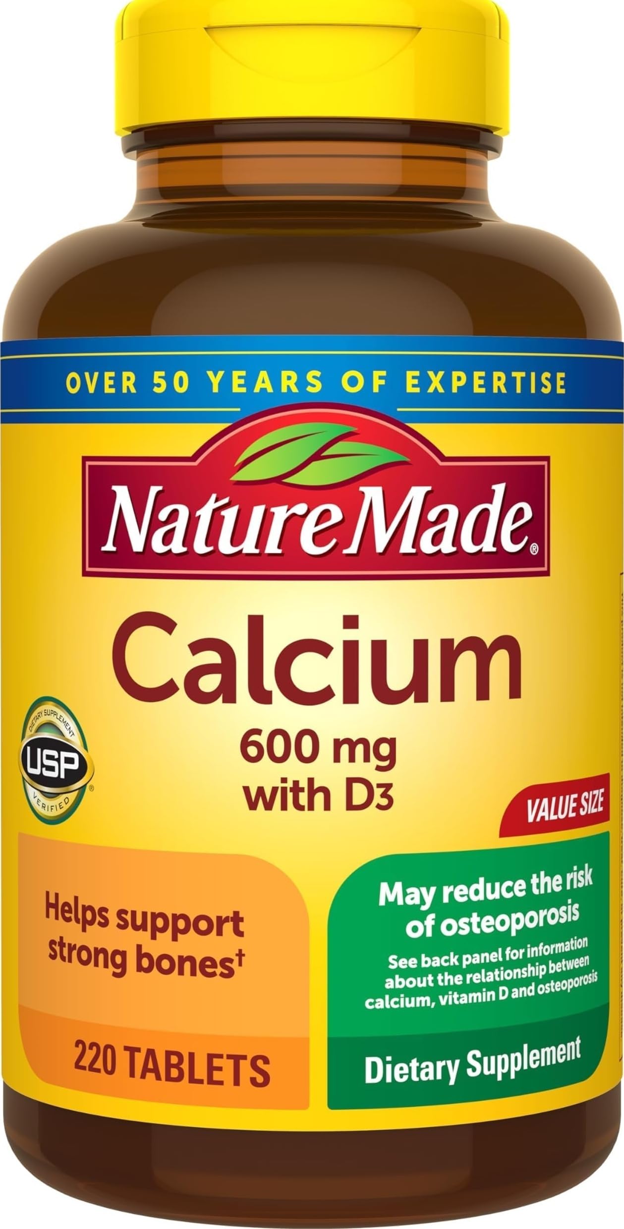 Nature Made Calcium 600 mg with Vitamin D3 for Bone Support Tablets, 220 Count
