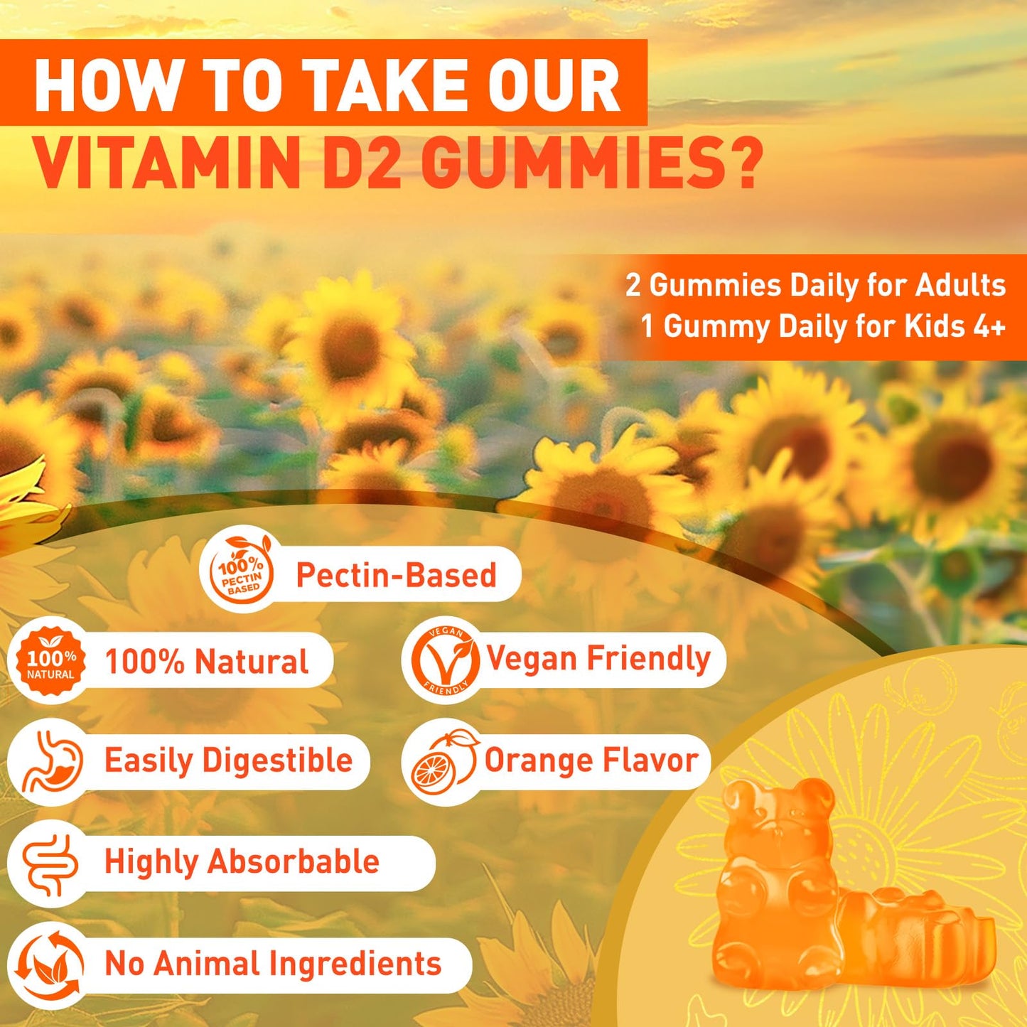 duwhot Vitamin D2 Gummies 2000 IU, Plant-Based D2 Vitamin Supplement from Whole Mushroom, Immune Support, Daily Sunshine Supply, Vegan, Non-GMO, Orange, 120 Gummies