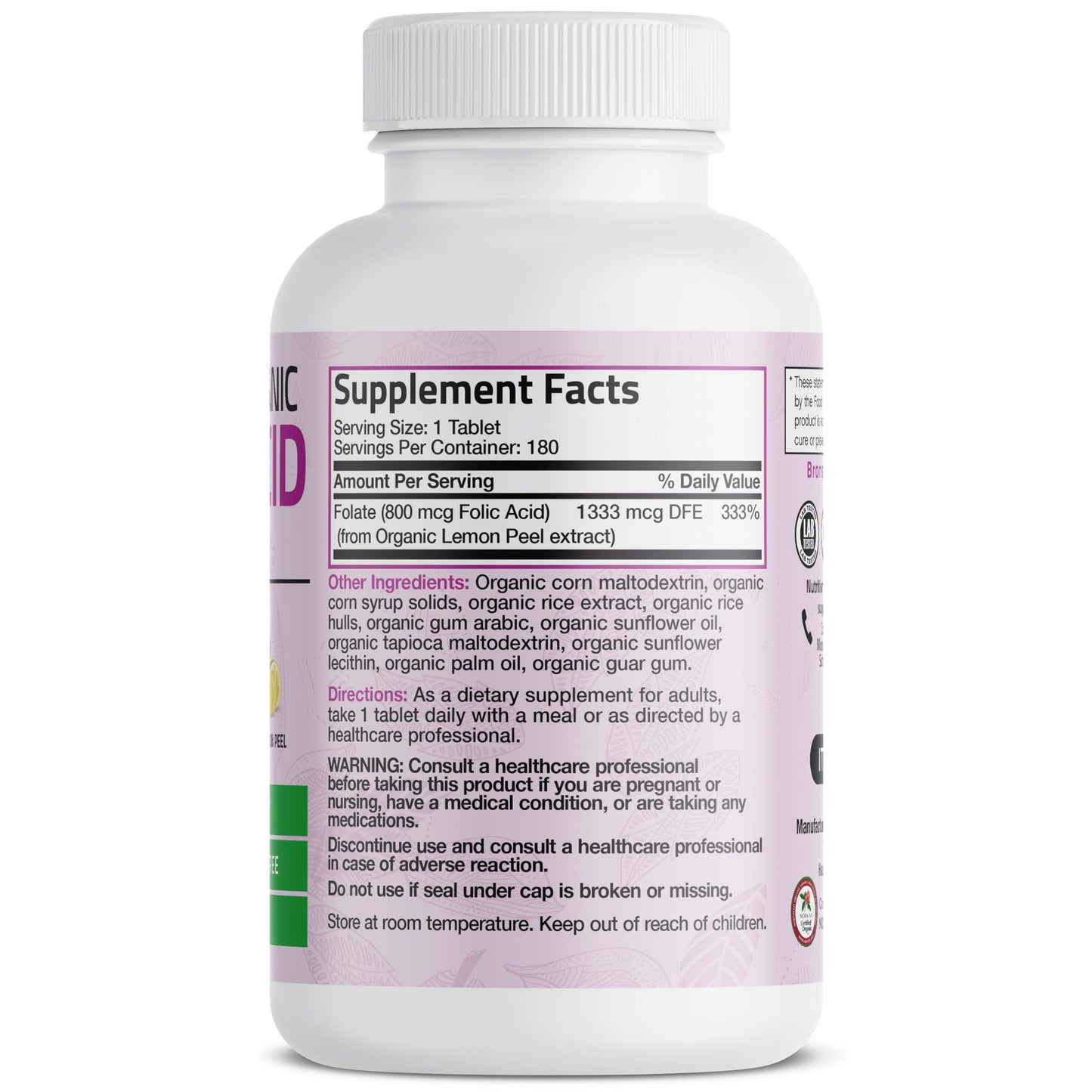 Bronson Organic Folic Acid (Vitamin B9 Folate) 800 mcg Folate from Lemon Peel Tablets, 180 Tablets