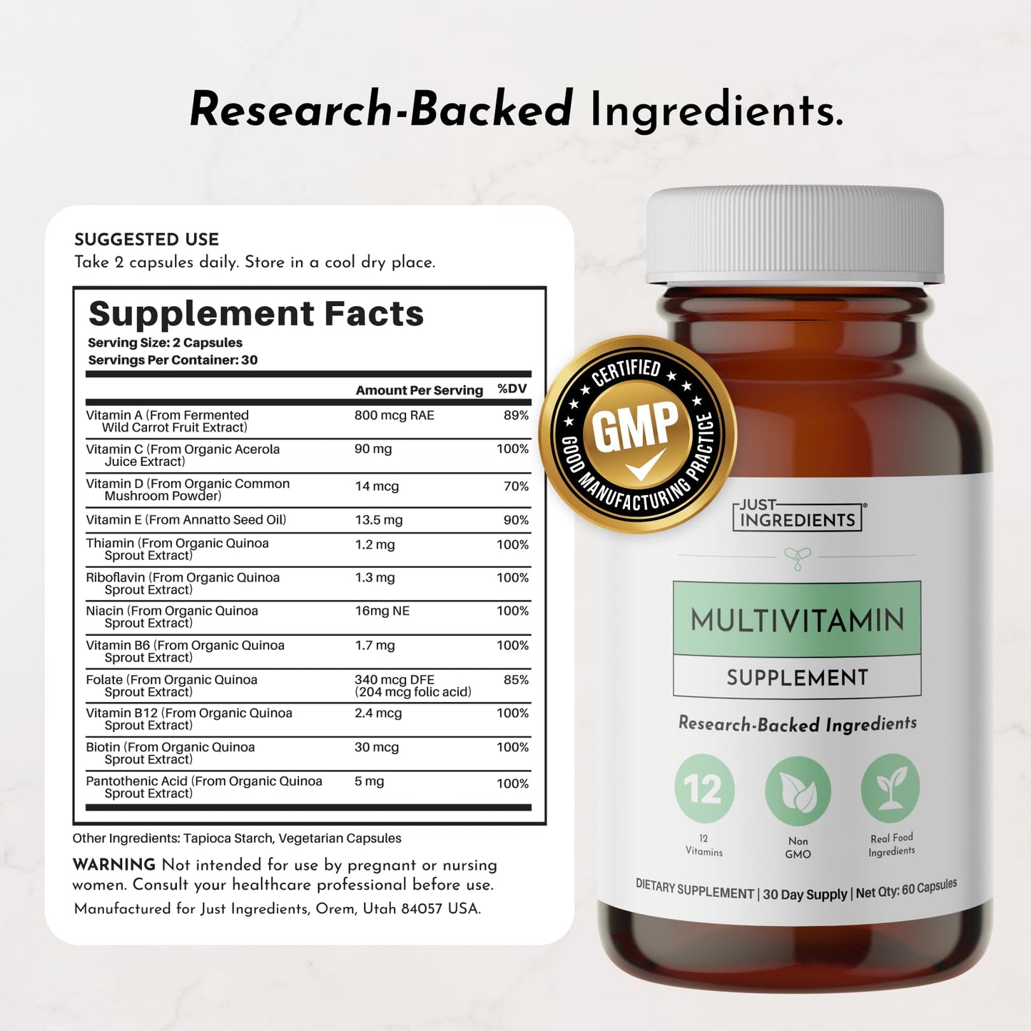 JUST INGREDIENTS Multivitamin - Plant-Based for Muscle & Immune Support, 60 Capsules