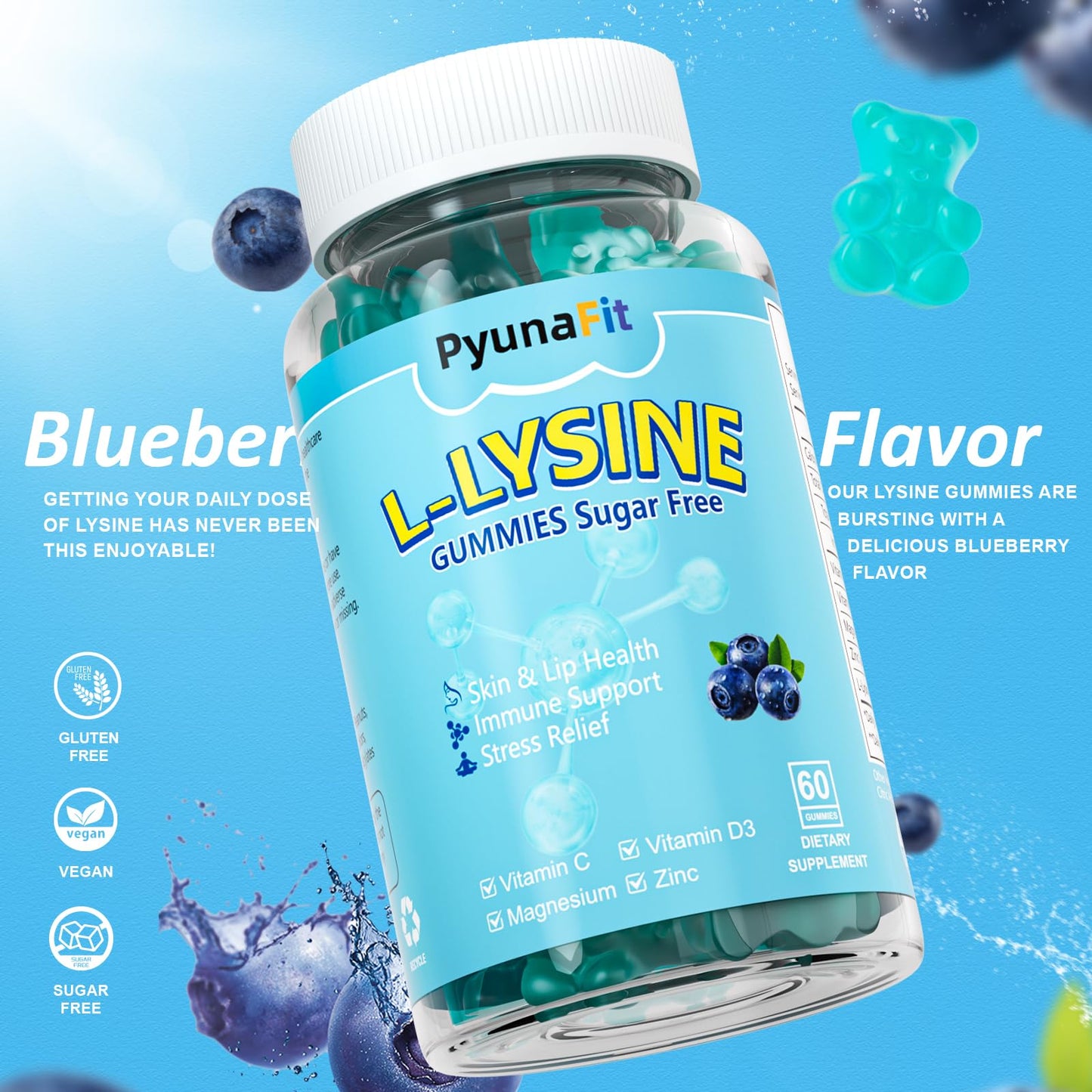 PYUNAFIT L-Lysine Gummies 1000mg, 5 in 1 Extra Strength for Immune Support, Skin & Lip Health, Chewable Lysine Supplement for Kids & Adults, 60 Count