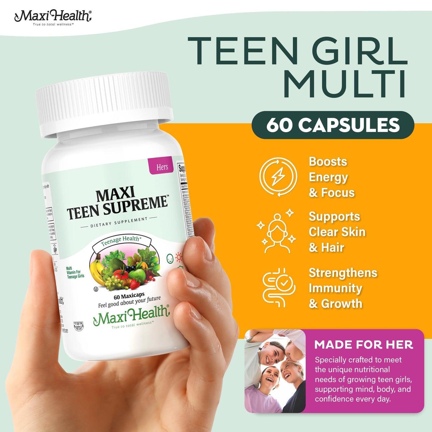 Maxi Health Teen Vitamins for Girls 12-17 Teen Multivitamin Supreme with D3, Iron, Calcium, Biotin, Digestive Enzymes, 60 Count Capsule