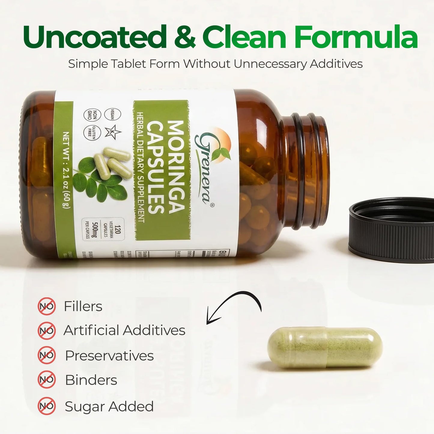 Grenera Moringa Capsules 500mg Moringa Oleifera Leaf Powder, Capsule, 120 Count