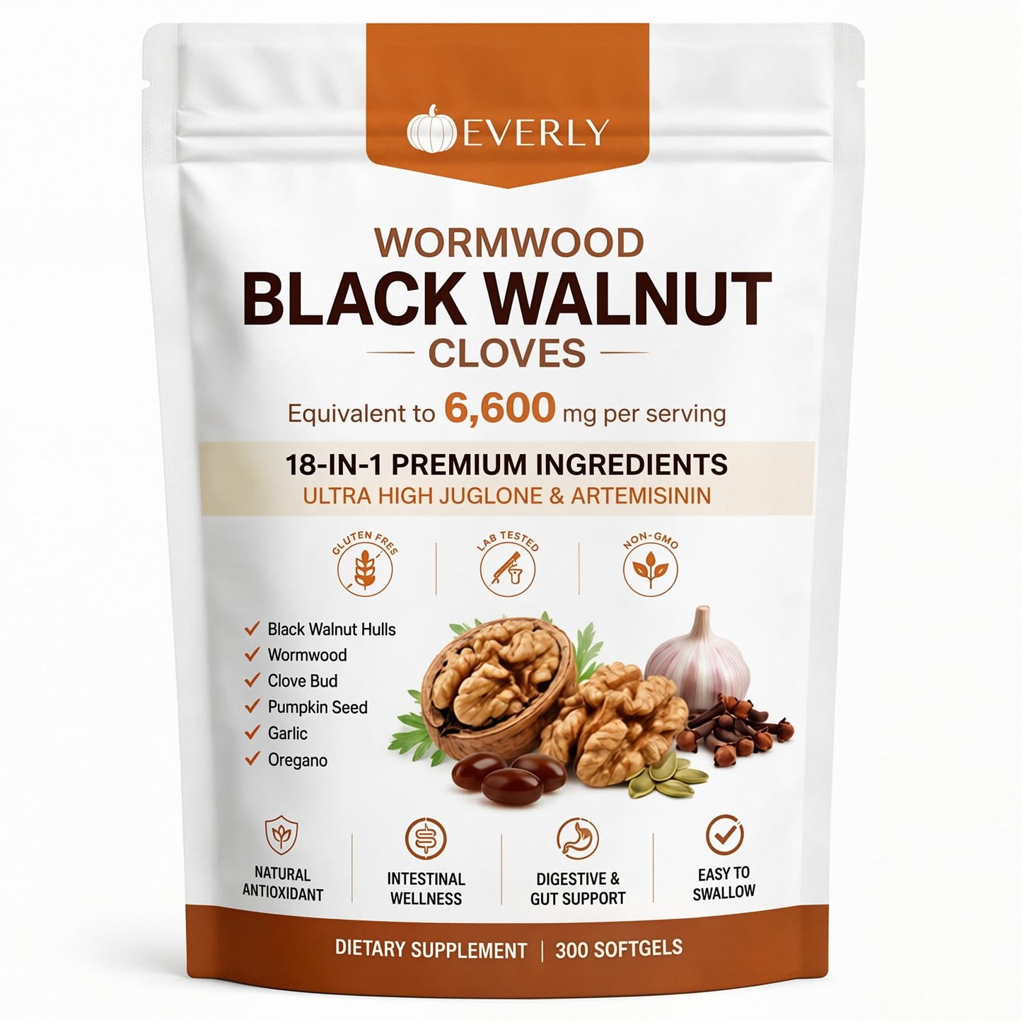 Everly Wormwood Black Walnut Cloves 18-in-1 Premium Ingredients Digestive Health & Gut Wellness Capsule, 300 Count