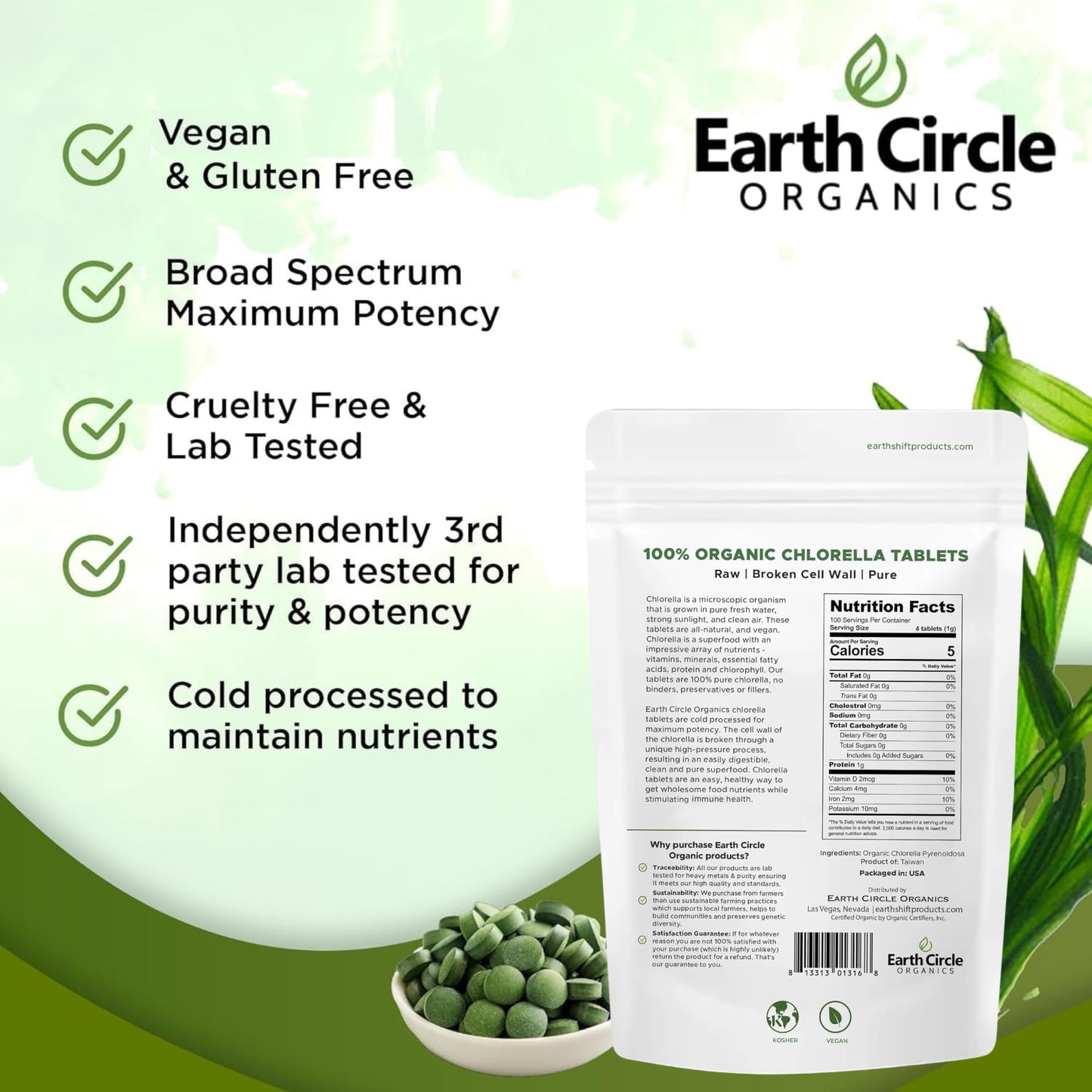 Earth Circle Organics Organic Chlorella Tablets 400 Count