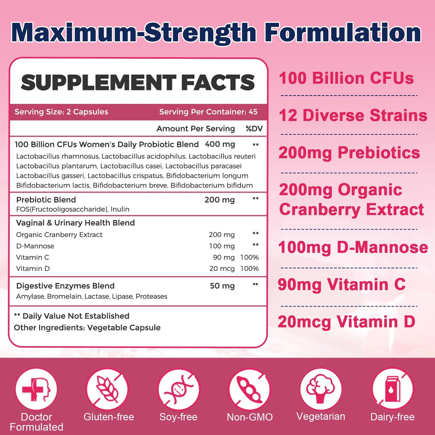 ZEBORA Vaginal Probiotics for Women 100 Billion CFUs, Probiotic for Digestive Health & Vaginal pH Balance & Urinary Tract Health, with Organic Cranberry & Prebiotics Capsule 90