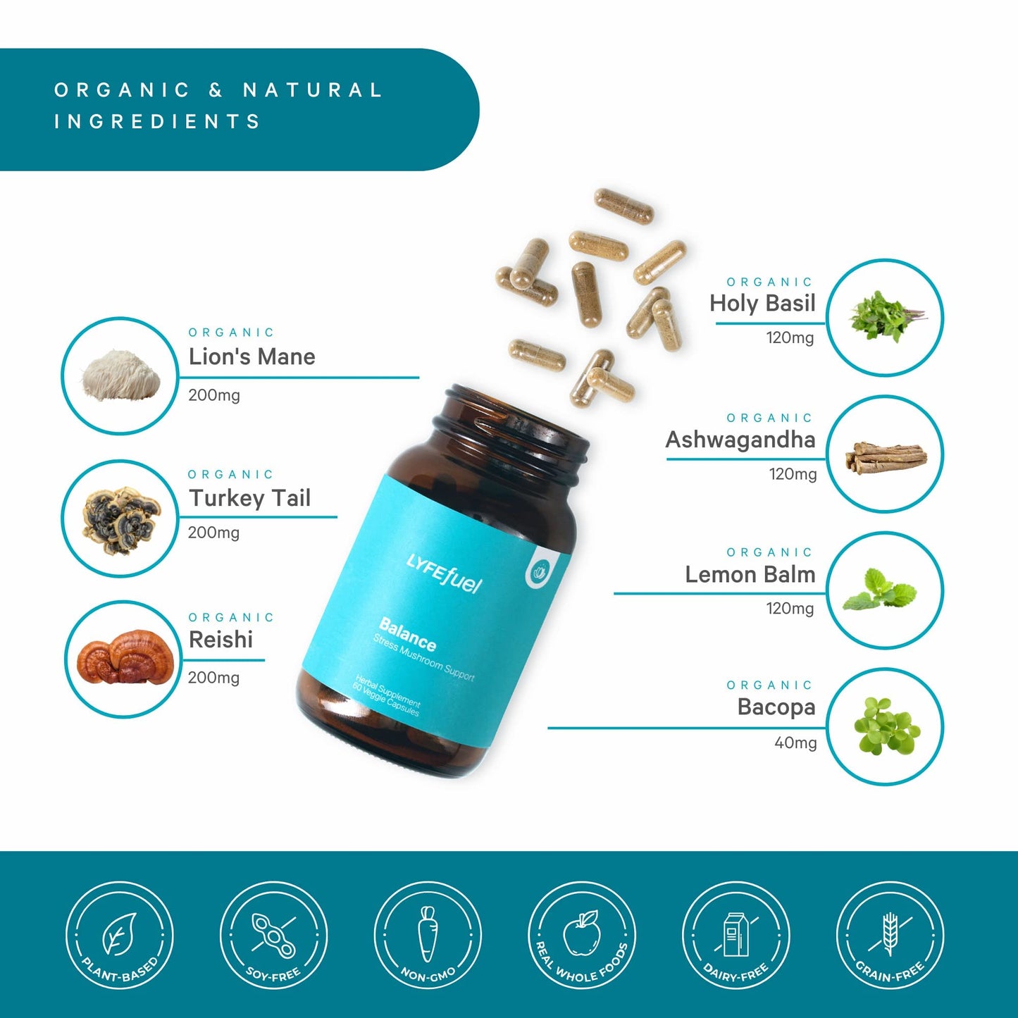 LyfeFuel Adaptogen Blend for Stress Relief - Whole Food Mushroom Supplement & Organic Herb Complex to Manage Cortisol, Lion’s Mane, Turkey Tail, Reishi, Ashwagandha, 60 Vegan Capsules