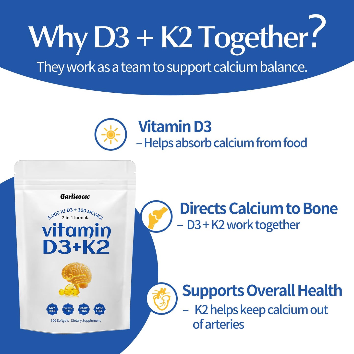 Garlicoccc Vitamin D3 10000 iu Plus K2 (MK-7) 200 mcg Virgin Coconut Oil Softgels 300