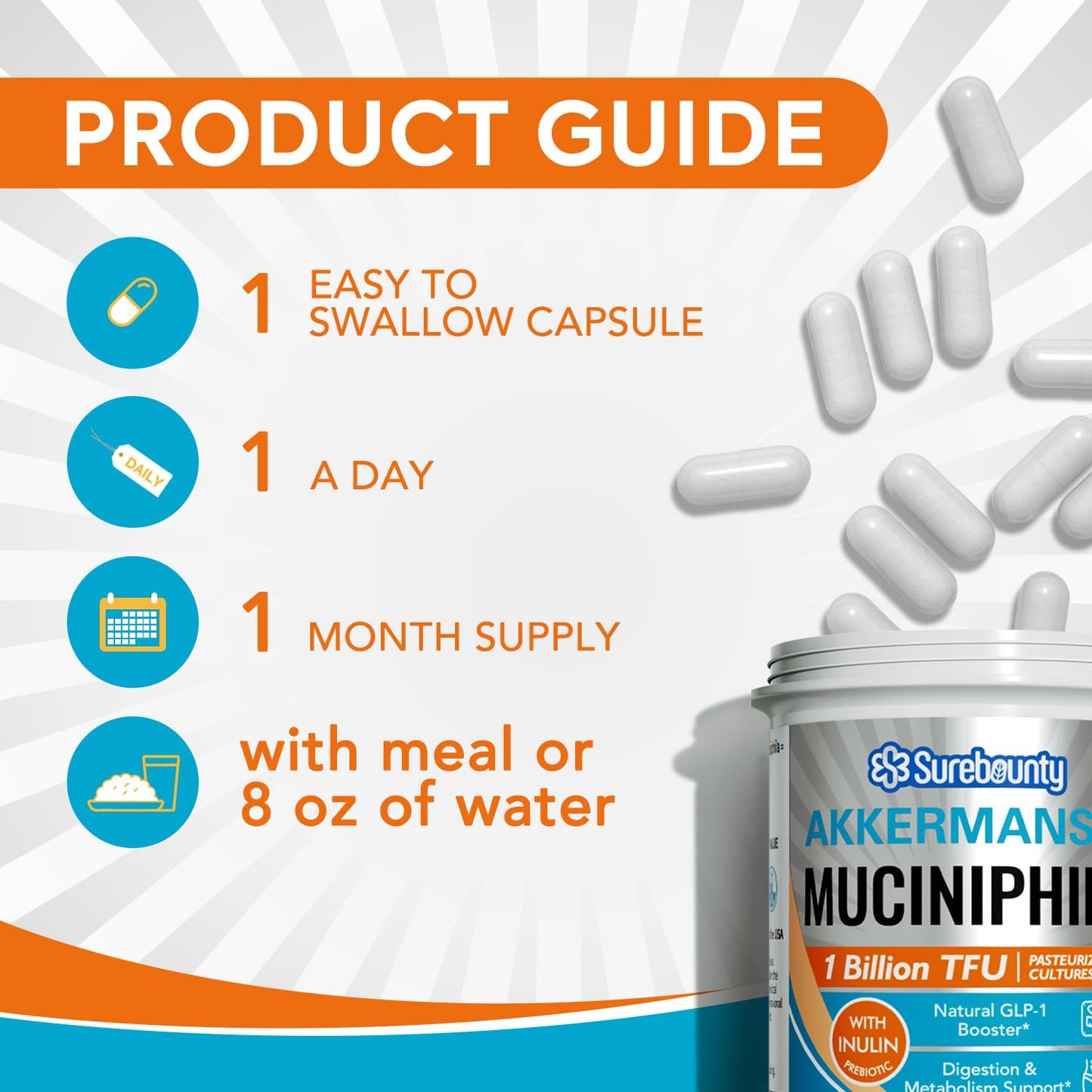 Surebounty Akkermansia Probiotic GLP-1, 1 Billion TFU, Akkermansia Muciniphila with Prebiotic Inulin Capsule, 30 Count