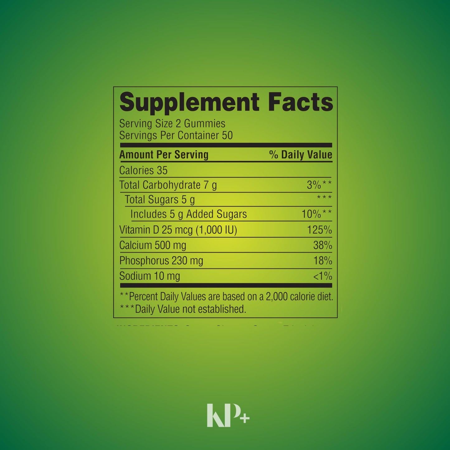 KP+ Calcium Gummies 500 mg with Vitamin D 25 mcg (1,000 IU), 100 Gummies