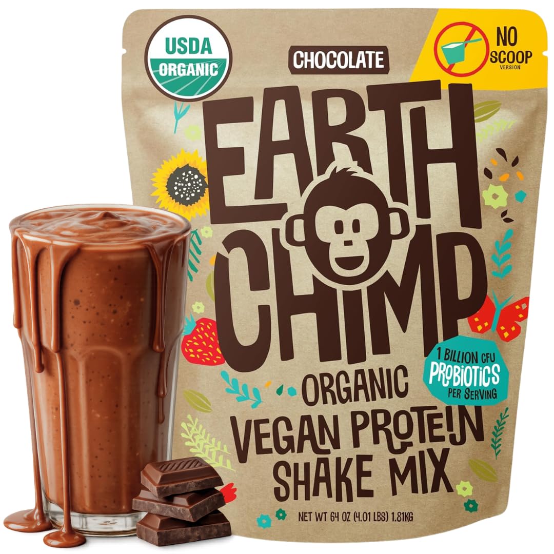 EarthChimp Organic Vegan Protein Powder with Probiotics, 64 oz, 52 Servings