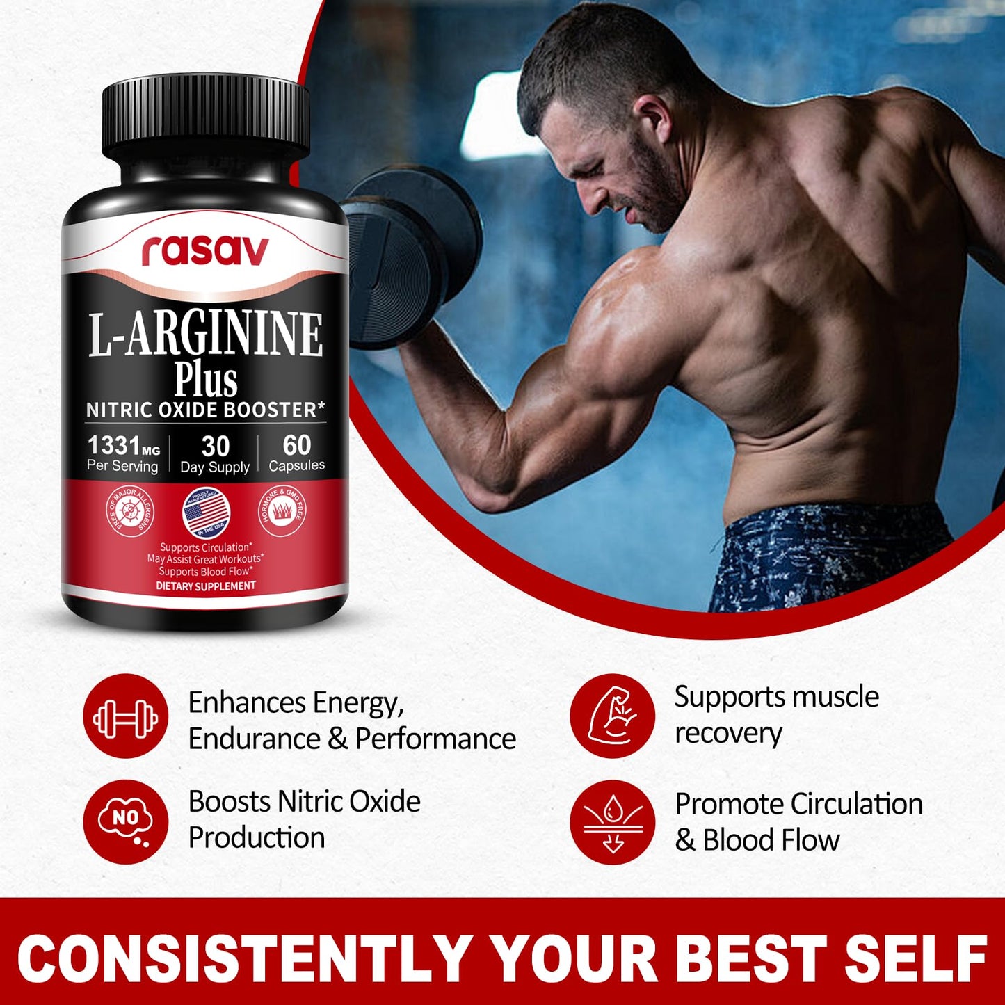 Rasav Nitric Oxide Booster with L-Arginine & L-Citrulline Blend, Capsules, 60 Count