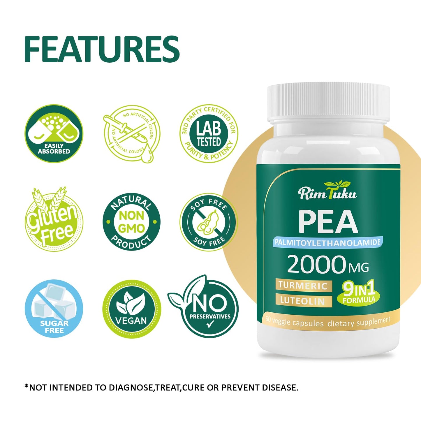 RimTuku Liposomal Palmitoylethanolamide 2000mg + Luteolin 200mg + Turmeric 200mg & Fisetin 100mg, Micronized Pea 99% Highly Purified Enhanced Absorption Pea Supplement, 120 Capsules