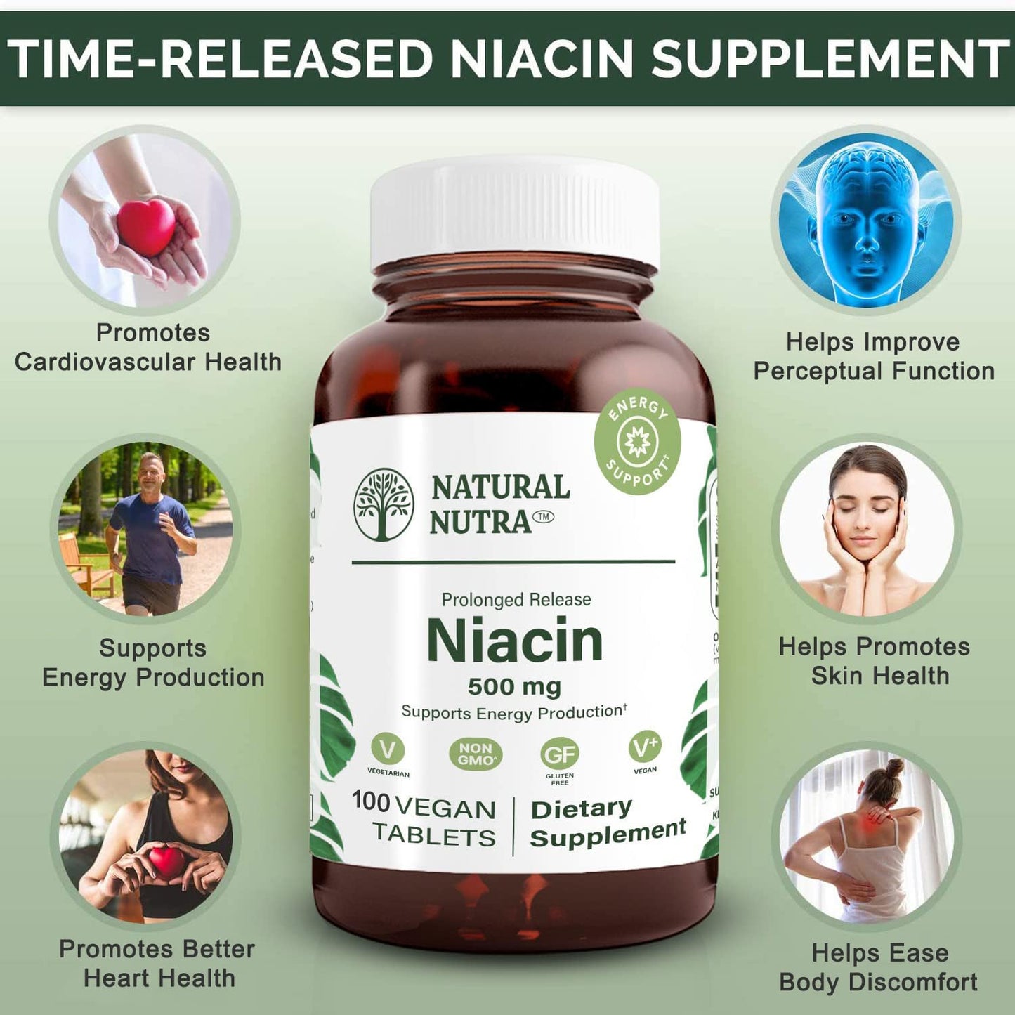 Natural Nutra Time-Release Slow Niacin 500mg (Vitamin B3) Tablet, 100 Tablets