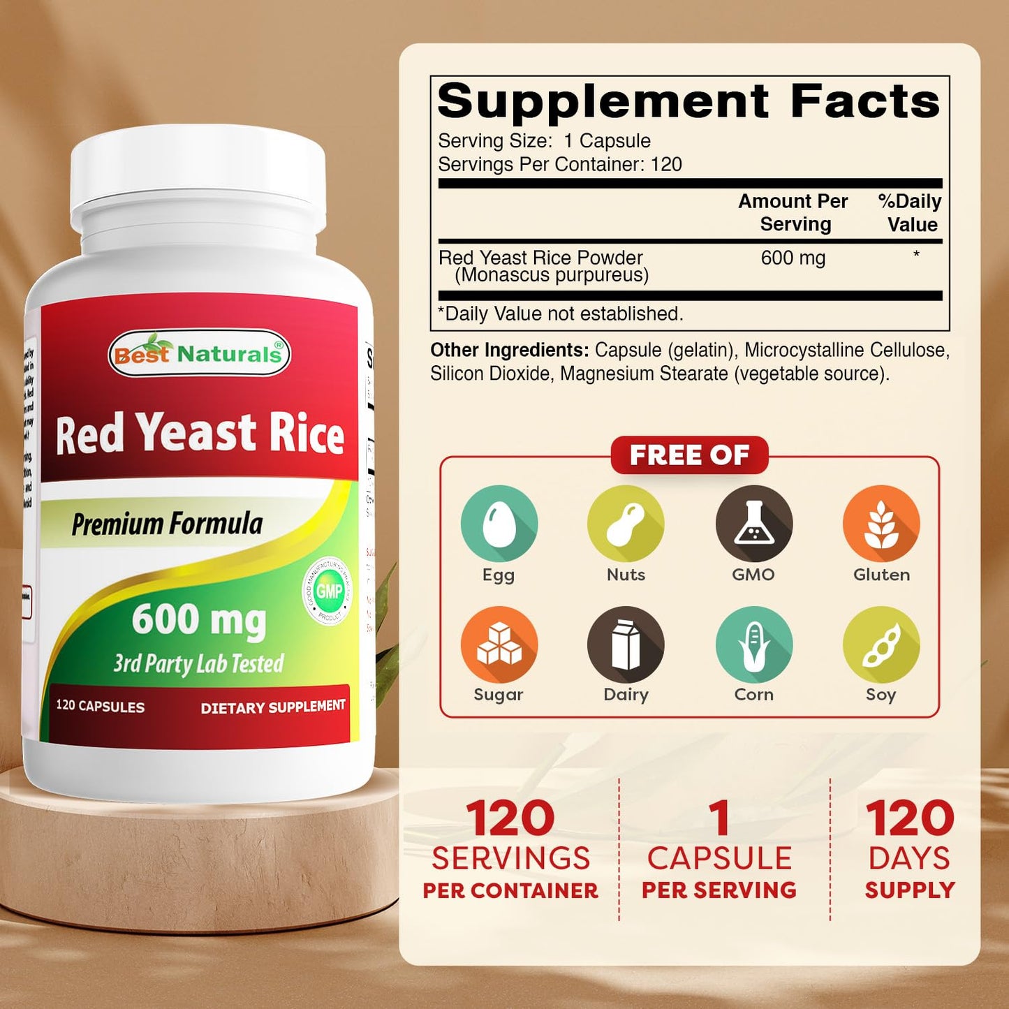 Best Naturals Red Yeast Rice 600 mg Capsules 120 Count