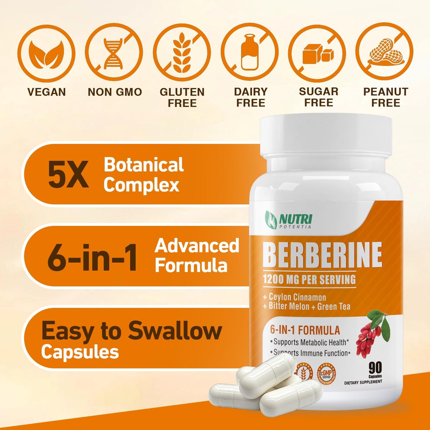 NUTRI POTENTIA Organic GLP-1 Berberine Supplement with Ceylon Cinnamon, Bitter Melon & Green Tea Extract, 90 Capsules