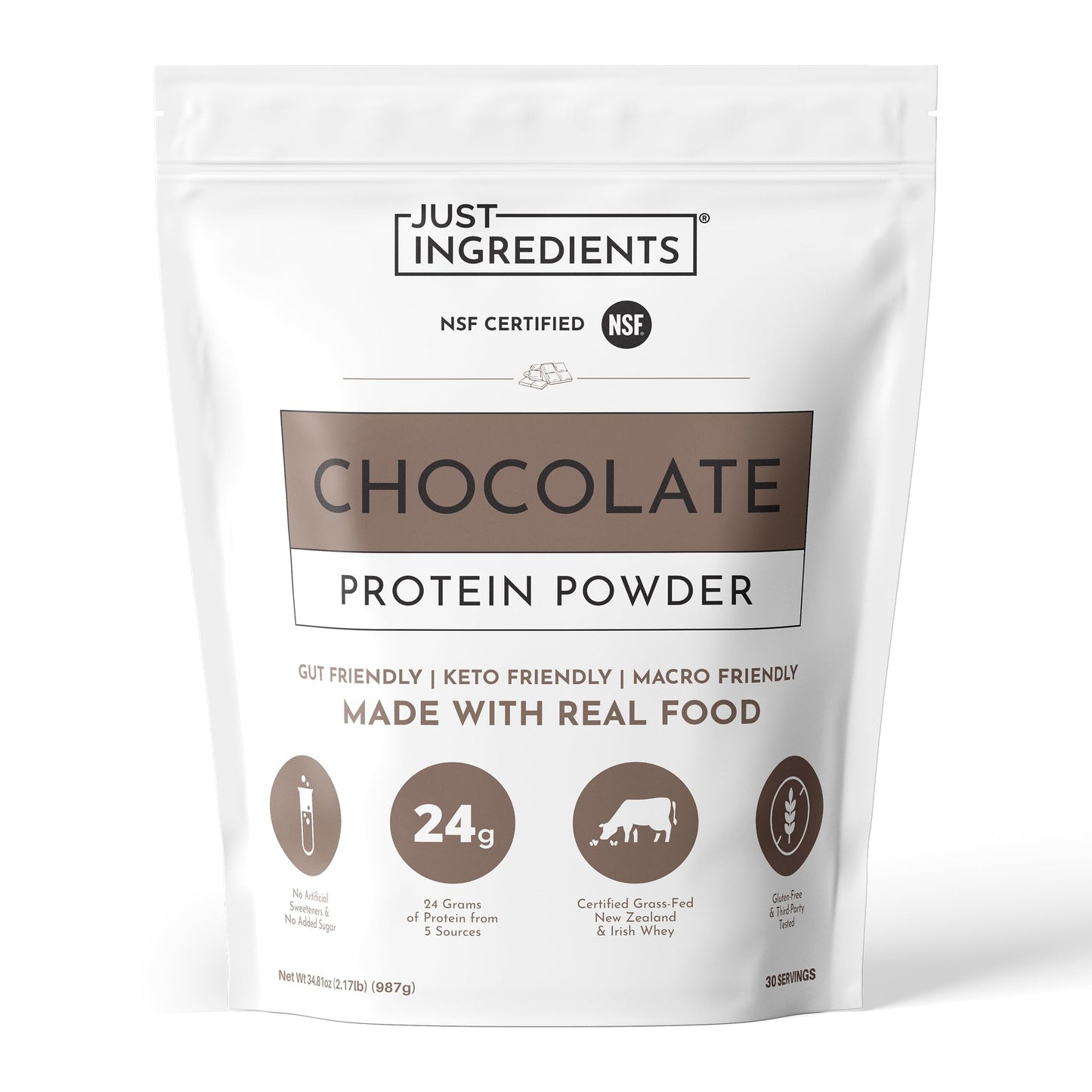 JUST INGREDIENTS Chocolate Protein Powder - Grass-Fed Whey, 30 Servings