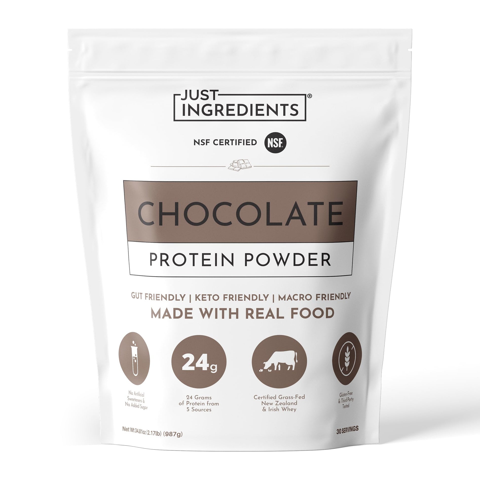 JUST INGREDIENTS Chocolate Protein Powder - Grass-Fed Whey, 30 Servings