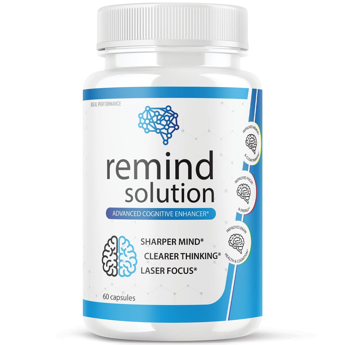 Ideal Performance Remind Solution for Memory Advanced Cognitive Brain Health Function Focus Max Concentration Recall Supplement Capsules, 60 Count