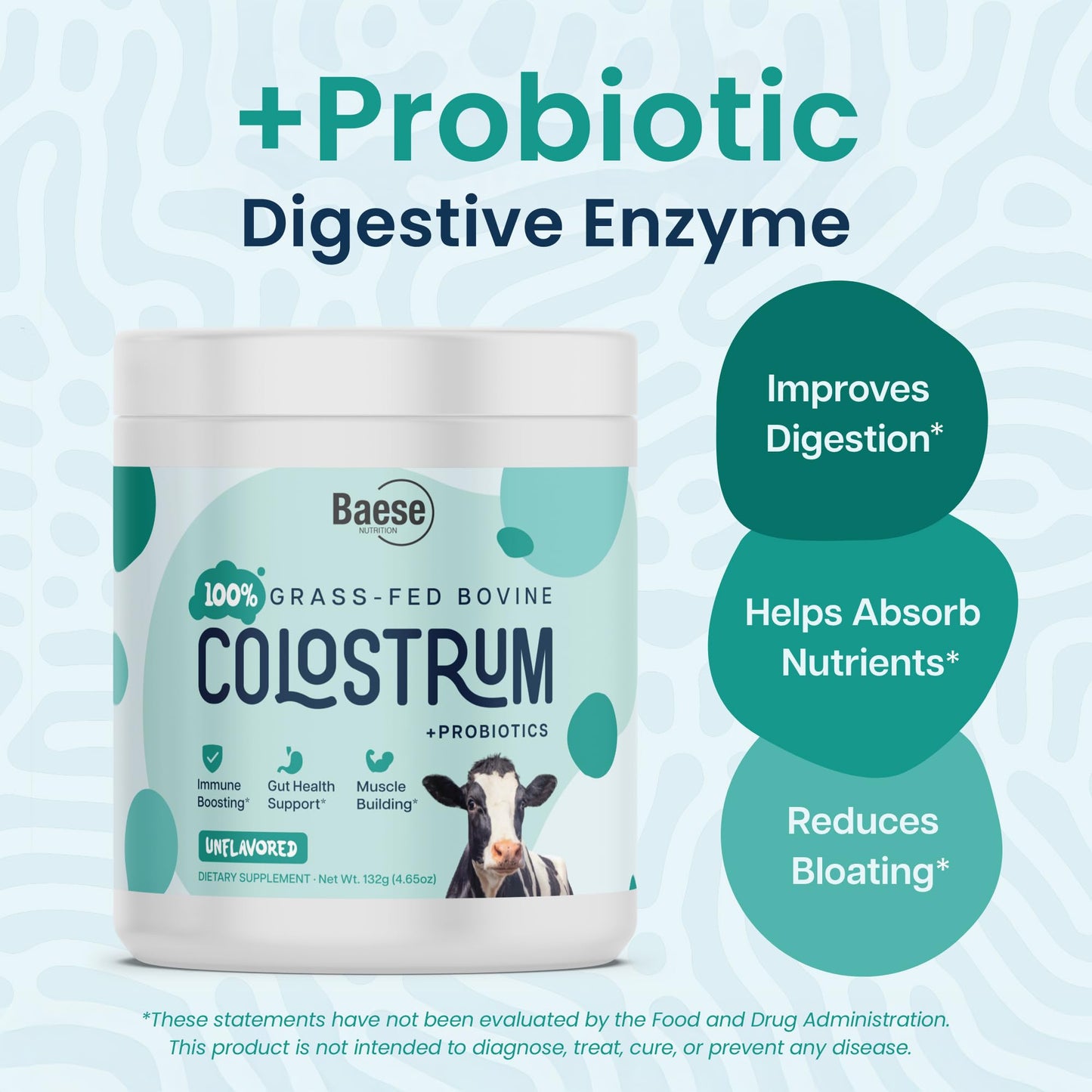 Baese Nutrition Bovine Colostrum with Probiotics 4000mg 800 IgG Grass Fed Immunoglobulins, Powder, 132 Grams