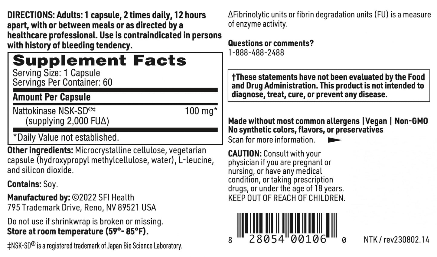 SFI Health Klaire Labs Nattokinase NSK-SD Proteolytic Enzyme for Cardiovascular Support, Dairy & Gluten-Free, 60 Capsules