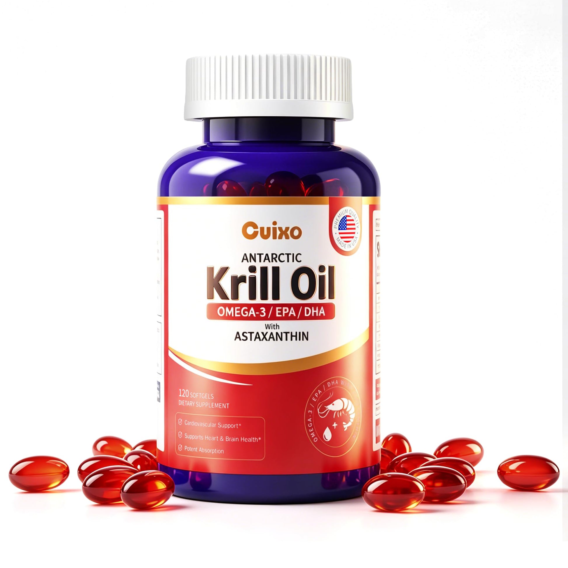 CUIXO Antarctic Krill Oil 1000 mg Omega 3 EPA DHA High Absorption 120 Softgels