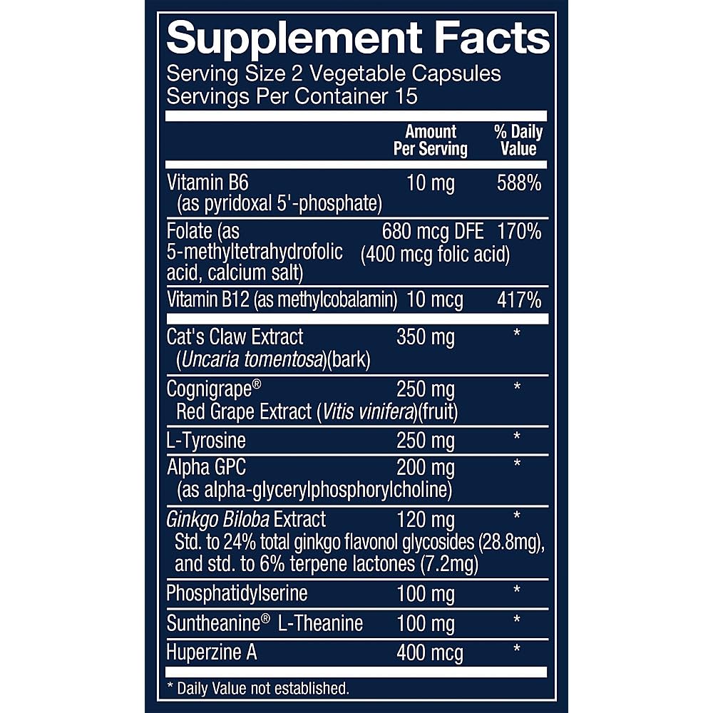Vthrive Neuro Brain Health to Support Memory, Focus, & Cognitive Support Caffeine-Free 30 Vegetarian Capsules