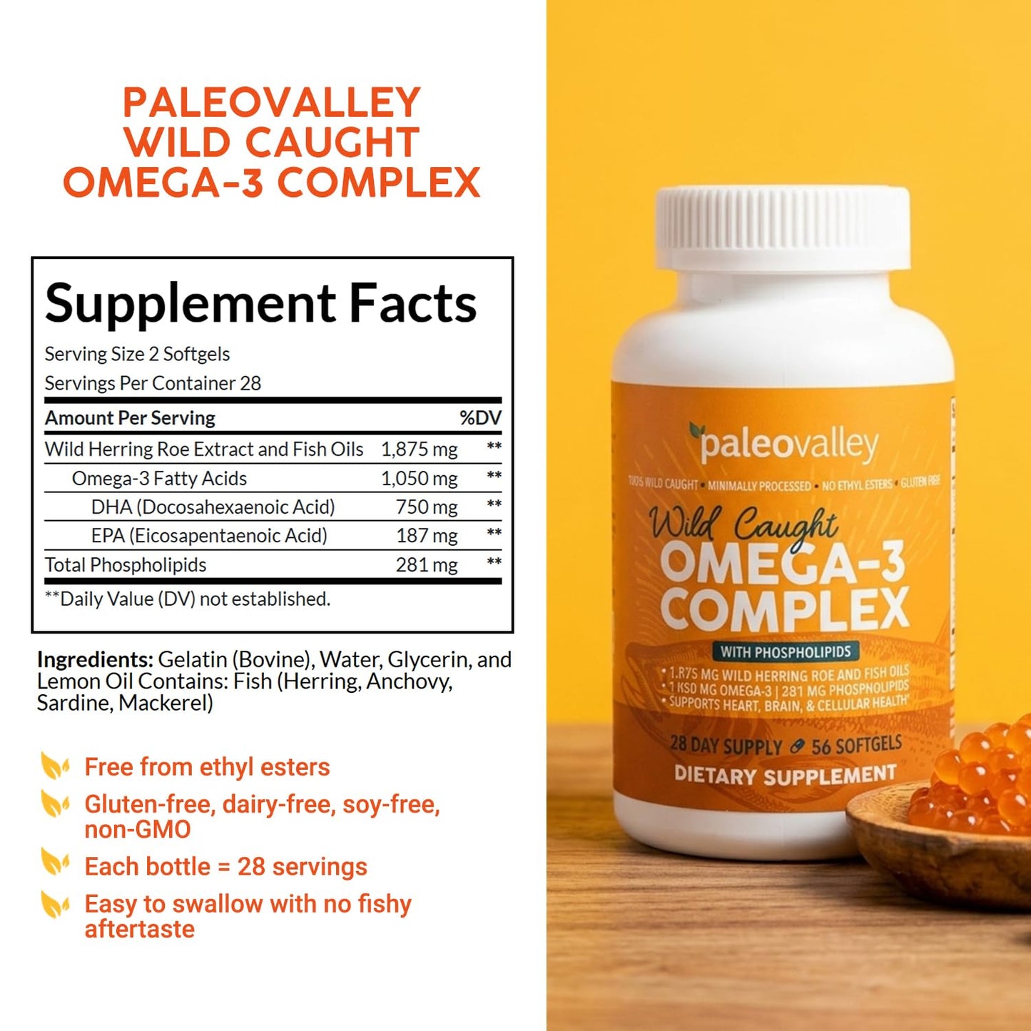 Paleovalley Omega-3 Complex Wild Caught Fish Oil Softgels 56 Count