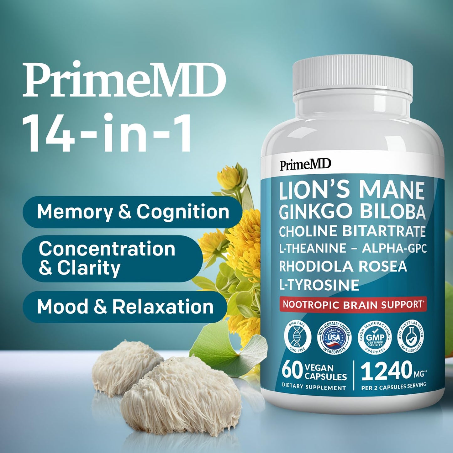 PrimeMD 14-in-1 Lions Mane Capsules Nootropic with Ginkgo Biloba, Alpha GPC, L Theanine & Choline, 1300mg Per Serving, 120 Capsules