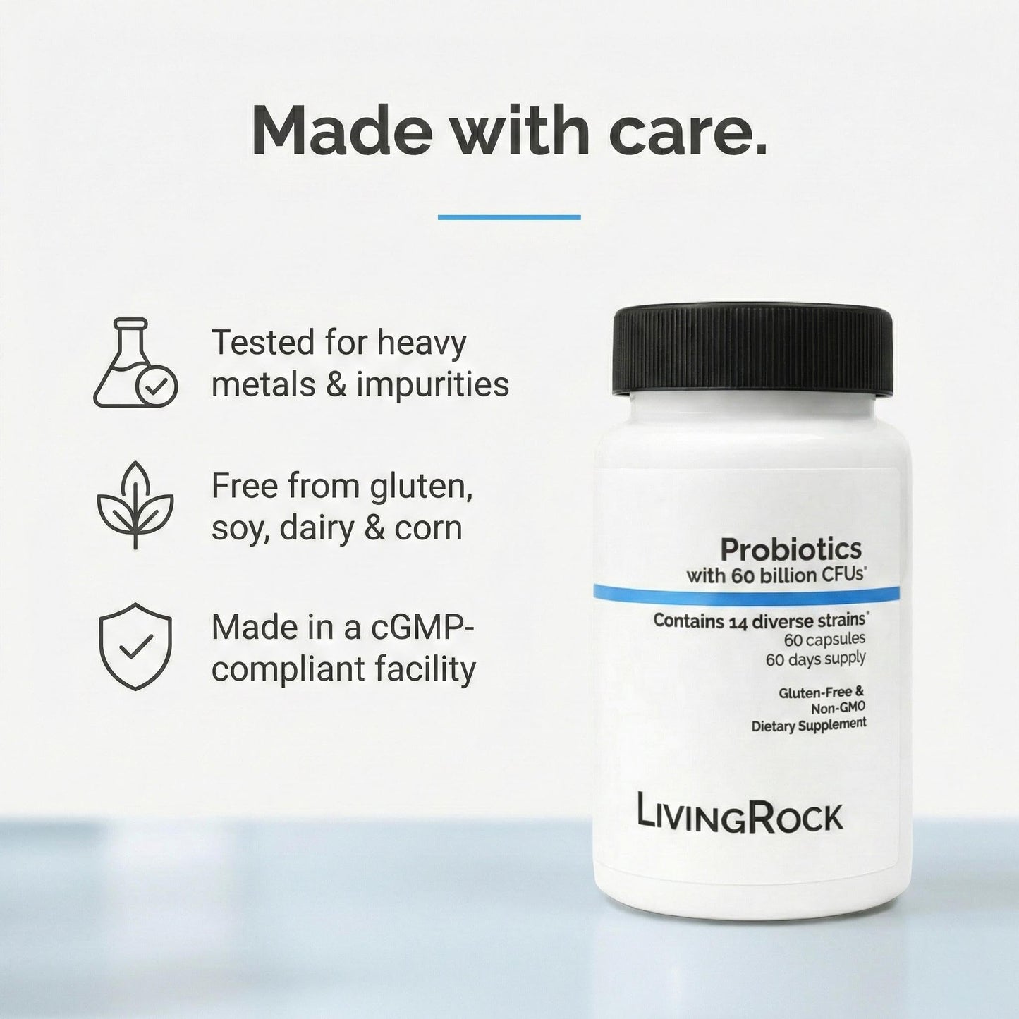LivingRock Probiotics 60 Billion CFU – 14 Diverse Strains + Prebiotic Fiber (FOS) with Zinc & Vitamin D3 – Gluten-Free, Non-GMO Dietary Supplement, 60 Capsules