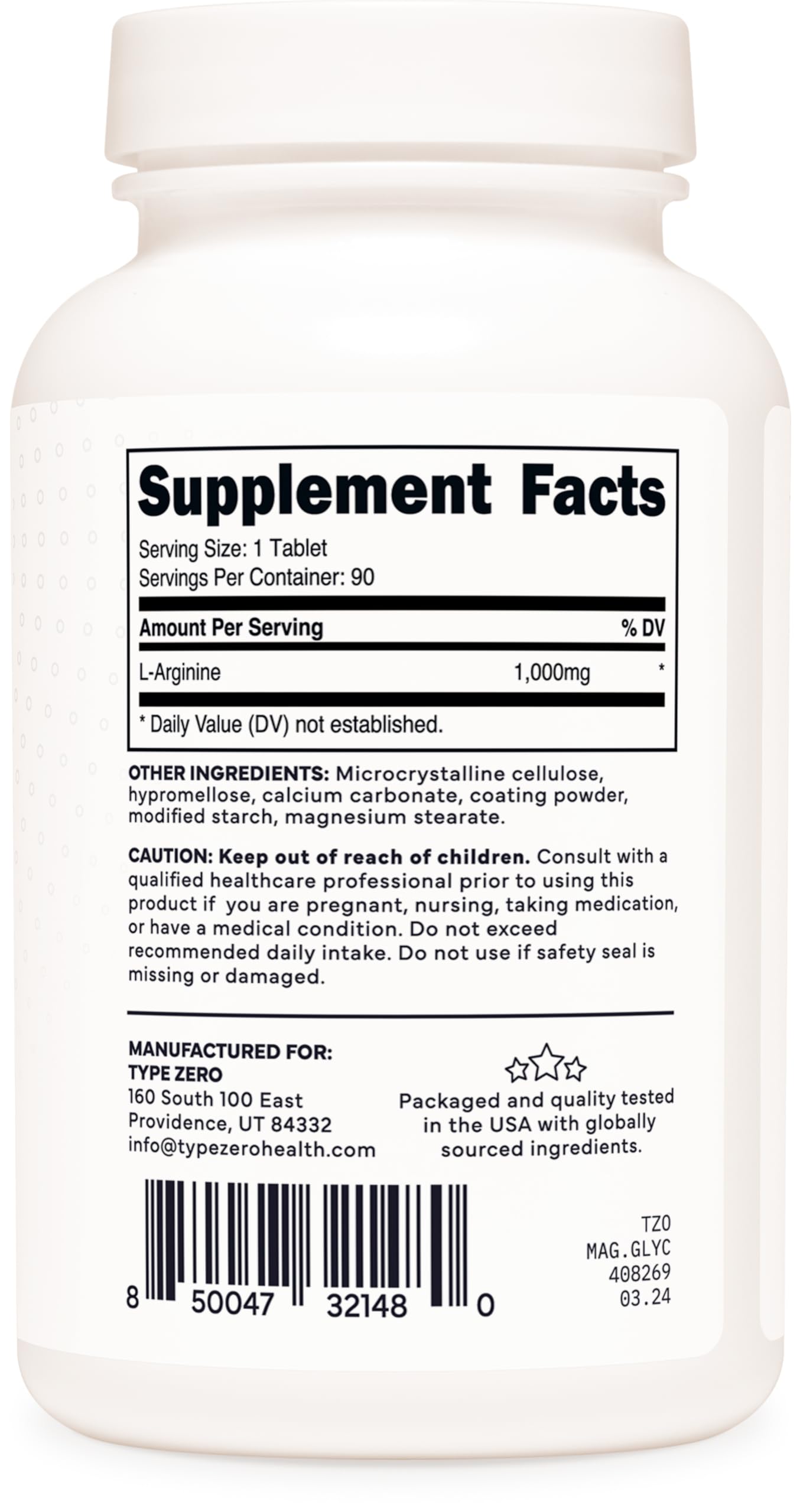 Type Zero L-Arginine 1,000 mg Tablets, 90 Count