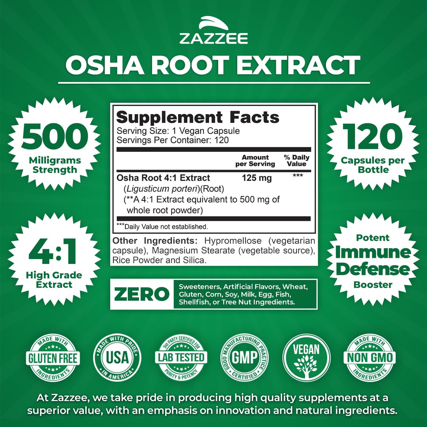 Zazzee OSHA Root 4:1 Extract 500 mg, 360 Capsules