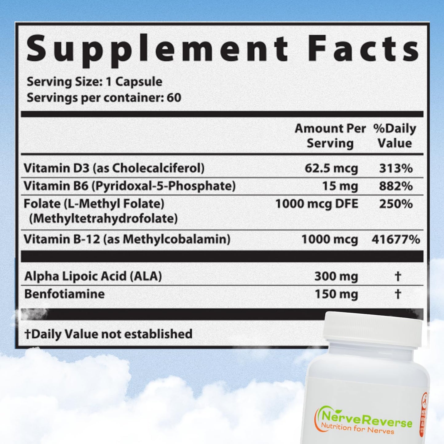 NERVEREVERSE NUTRITION FOR NERVES NerveReverse Neuropathy Support Formula - Alpha Lipoic Acid 600mg, Extra Strength Benfotiamine, B12, B9, B6, and D3 - Vegan, 60 Capsules