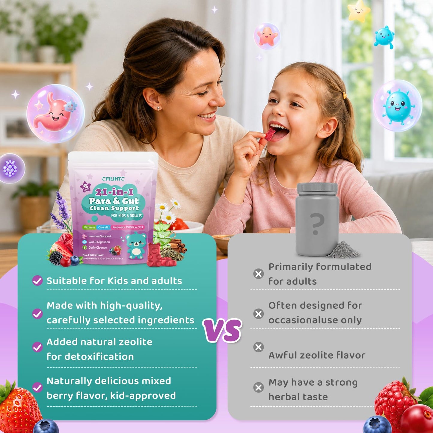 CFILIHTC 21-in-1 Parasite Cleanse for Humans & Kids – Herbal Gut Health & Digestive Gummies, 60 Gummies