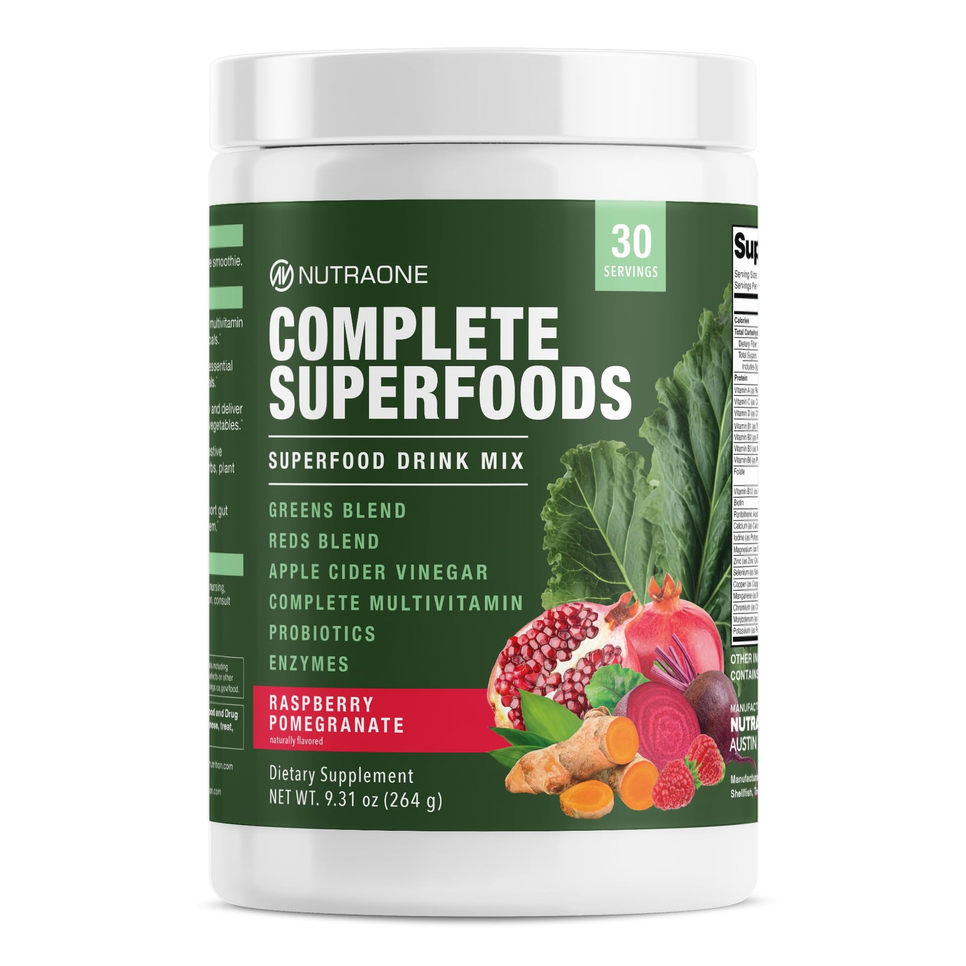 NutraOne Complete Superfoods, Greens & Reds Blend, Apple Cider Vinegar, Digestive Enzyme Blend, Probiotic Blend, Multivitamin Powder 9.31 oz