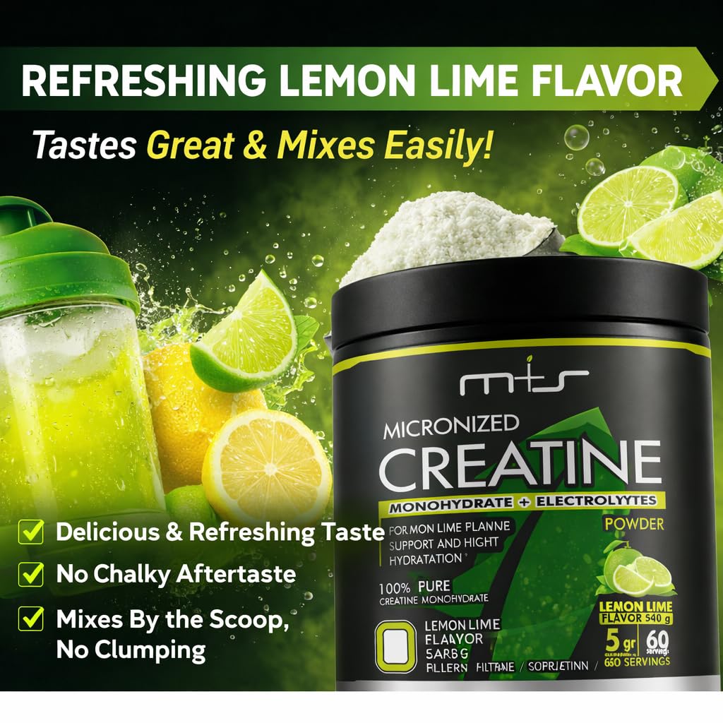 M+S Creatine Electrolytes, Micronized Monohydrate Powder Lemon Lime, 19.04 oz