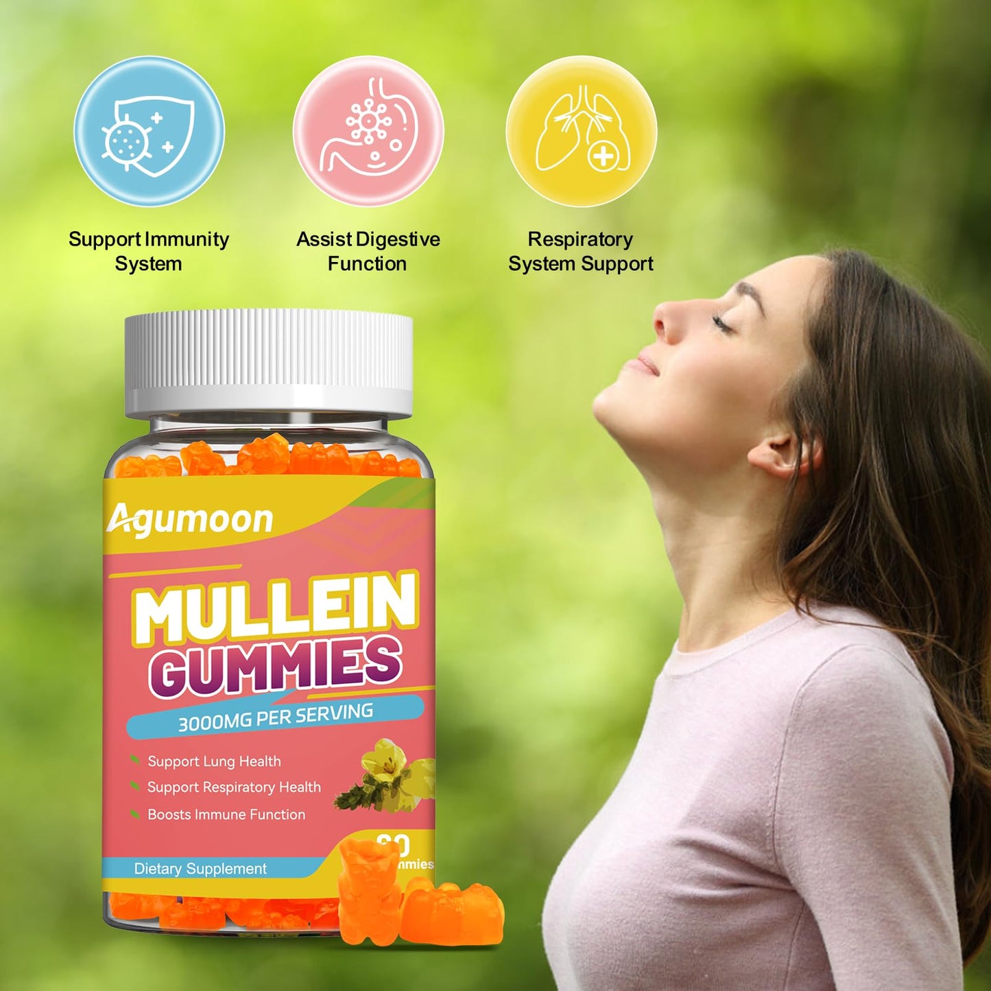 Agumoon Mullein Gummies, Extra Strength Mullein Leaf Extract with Quercetin & Bromelain, Mango Flavor, 120 Count