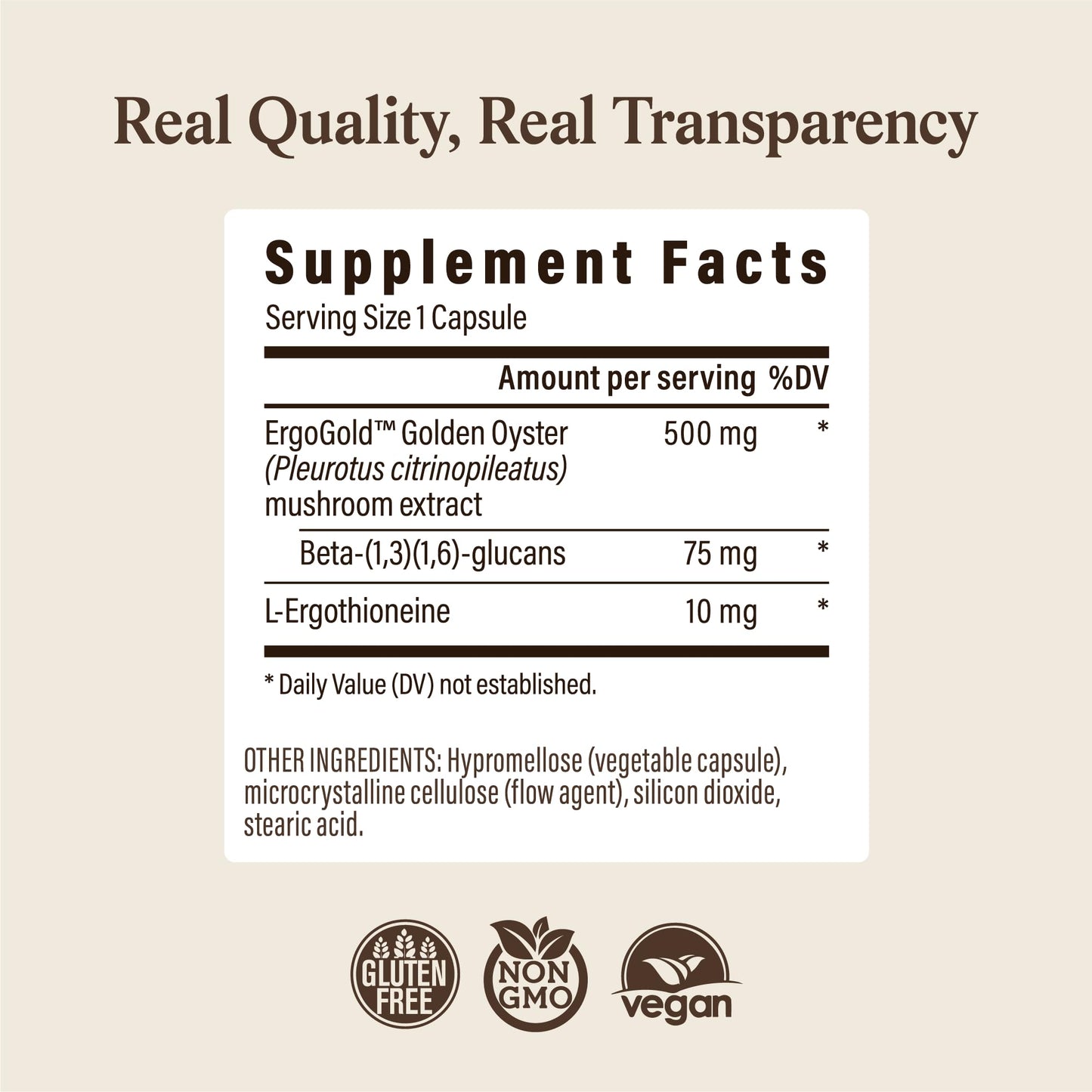 Real Mushrooms Ergothioneine Supplement – Golden Oyster Mushroom with Beta-Glucans – L-Ergothioneine Extract Powder, Capsules, 60 Count