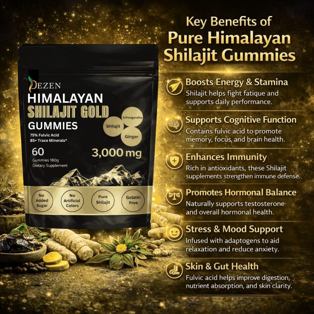 DEZEN Shilajit Gummies with Ashwagandha, Ginger, Turmeric, 60 Count