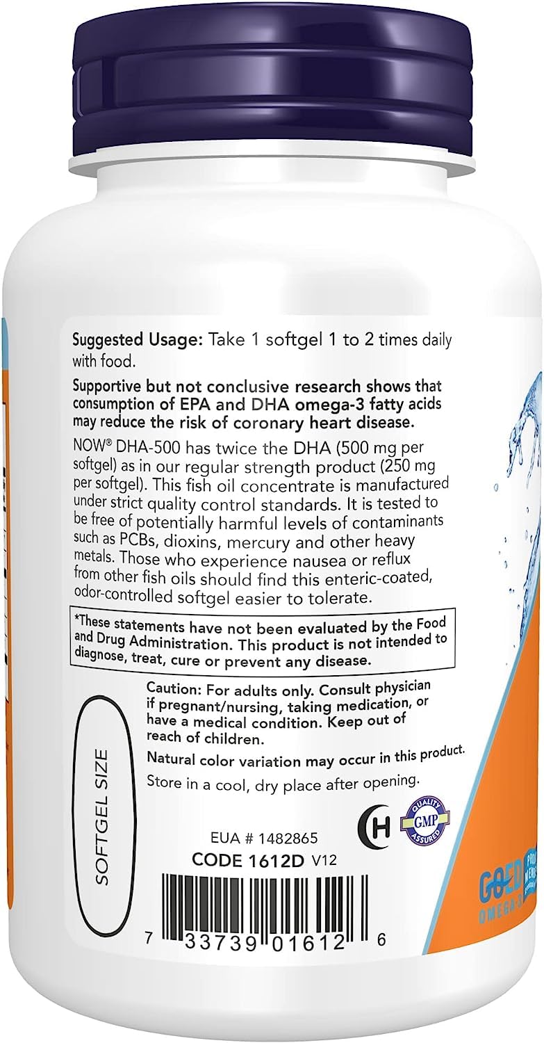 NOW Foods DHA-500 mg Softgels, Supports Cognitive Function, 90 Softgels
