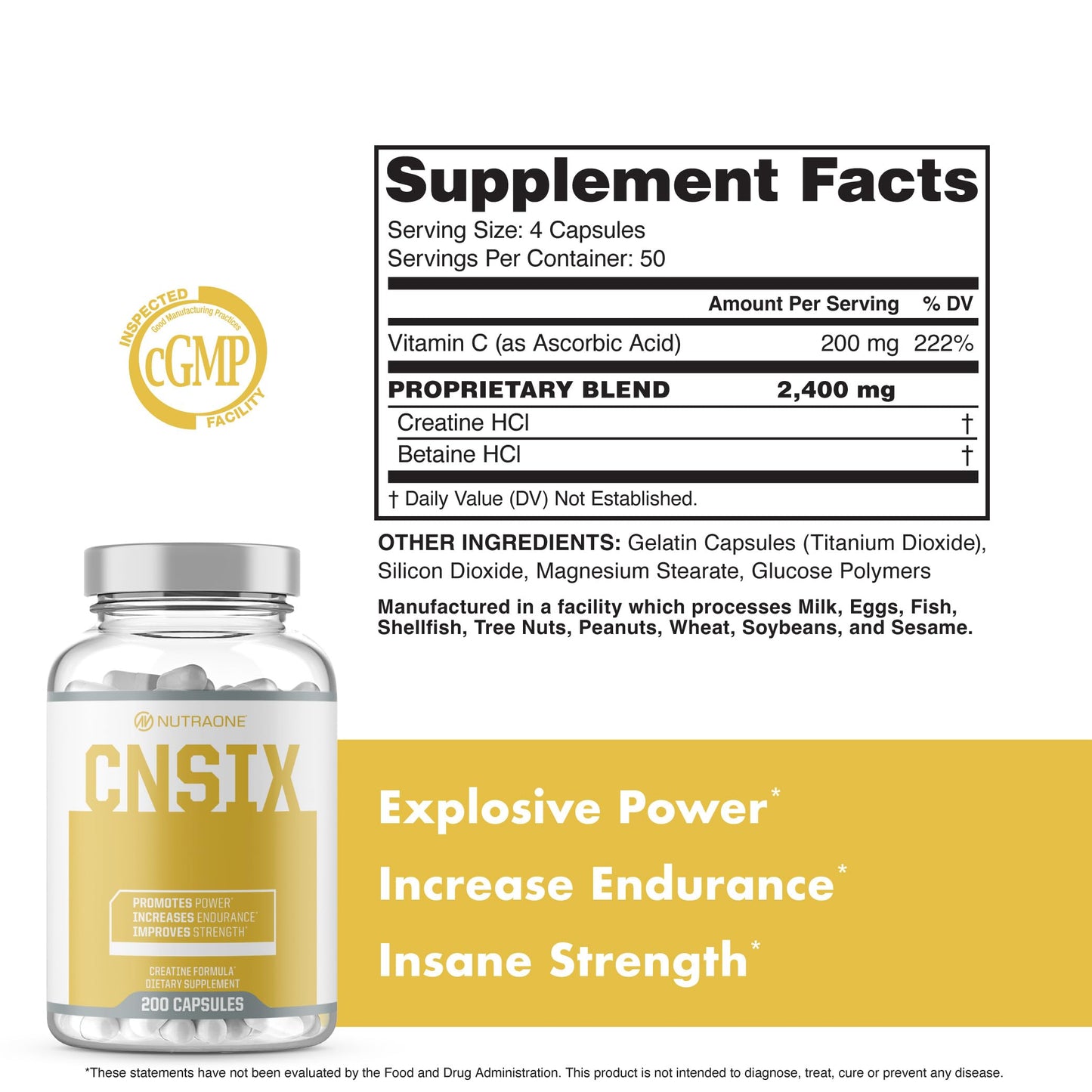 NutraOne CNSix Creatine Capsules 600mg, 200 Capsules